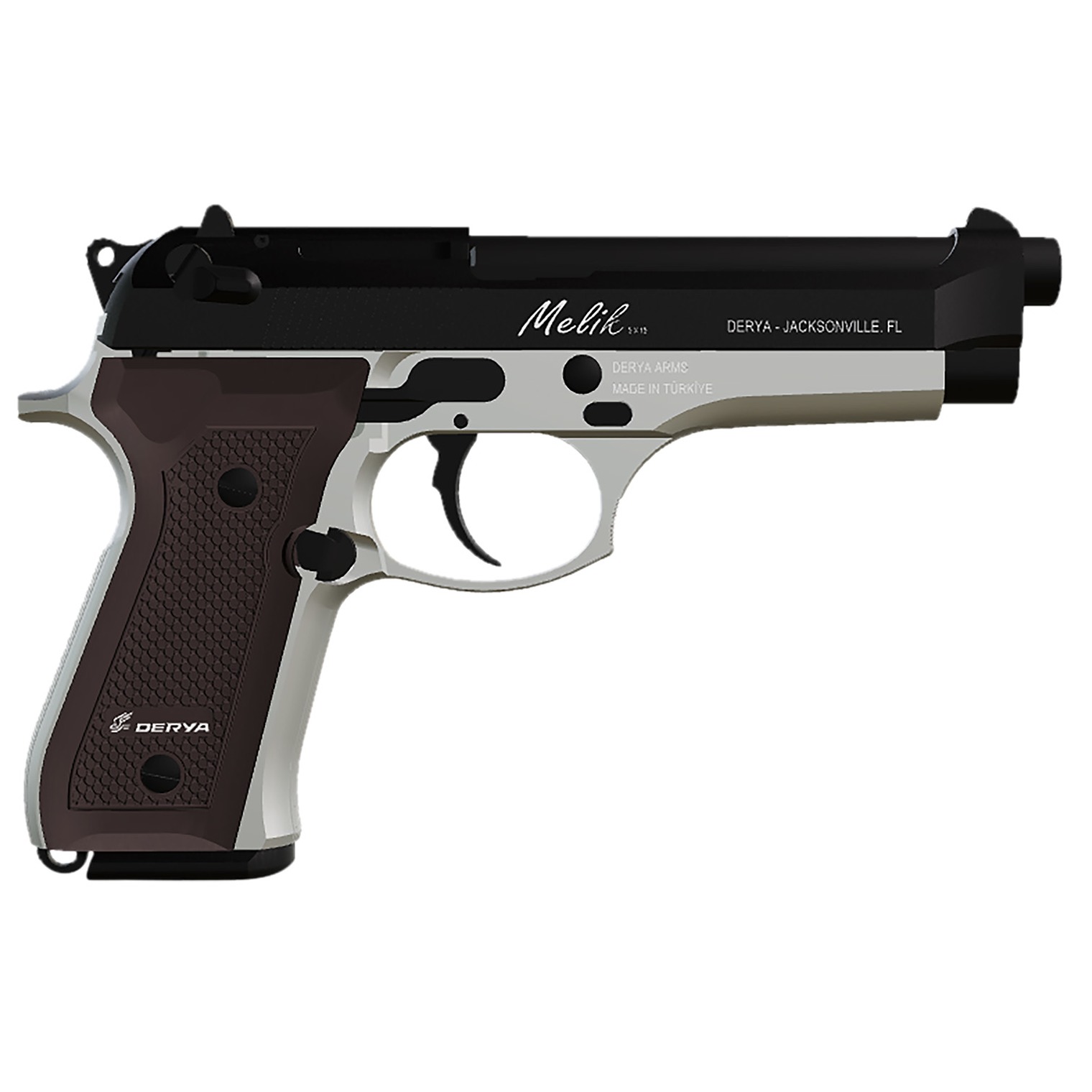 Derya Firearms 15LTTMELIK9TR Melik 9mm Luger 15+1 4.90” Black Melonite Steel Barrel, Black Melonite Serrated Steel Slide, Silver Anodized Aluminum Frame, Dark Walnut Grip