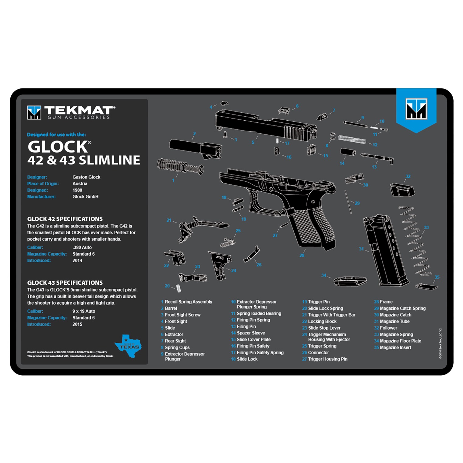 TekMat TEKR17GLOCK4243BL Glock 42/43 Cleaning Mat Black/Blue/White Rubber 11”x17” Glock 42/43 Parts Diagram