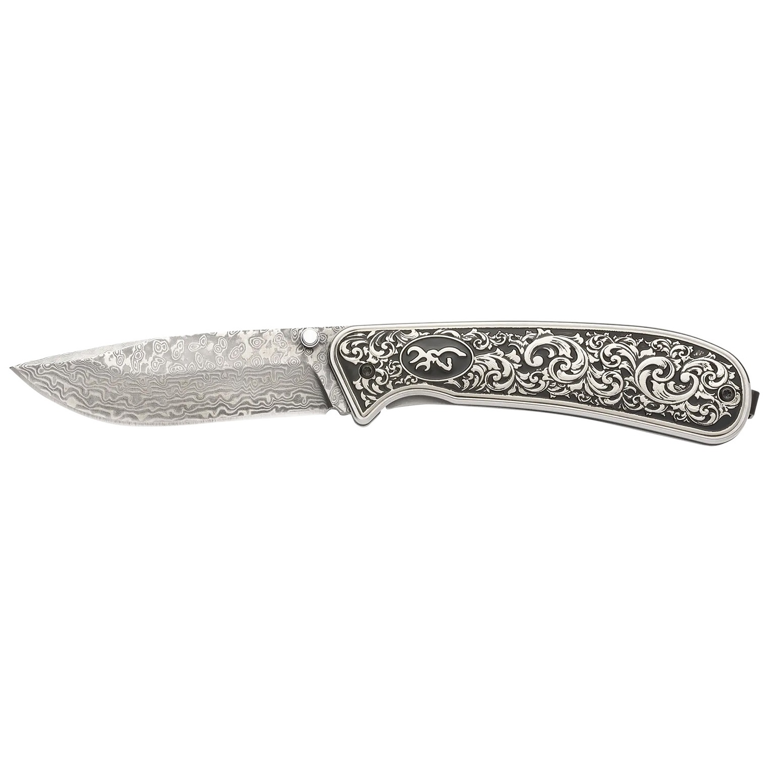 Browning Grand Pass 3.50” Drop Point Damascus Blade, Engraved Stainless Steel Handle 3220580B 023614783183