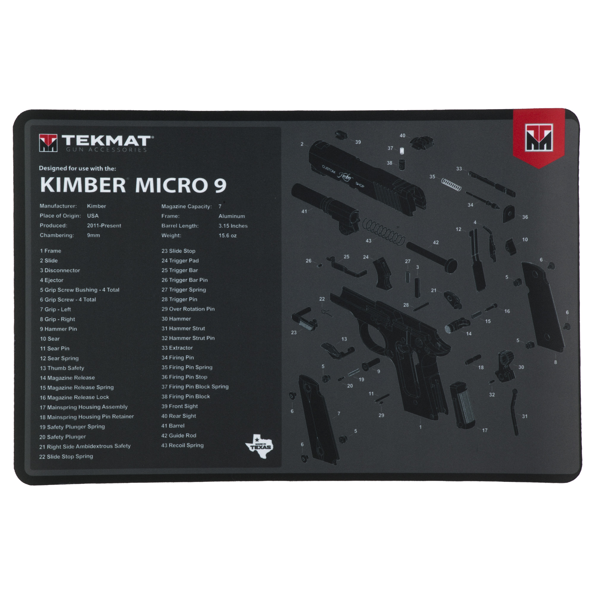 TekMat TEKR17KIMBERMCR9 Kimber Micro 9 Cleaning Mat Black/Gray Rubber 11”x17” Kimber Micro 9 Diagram