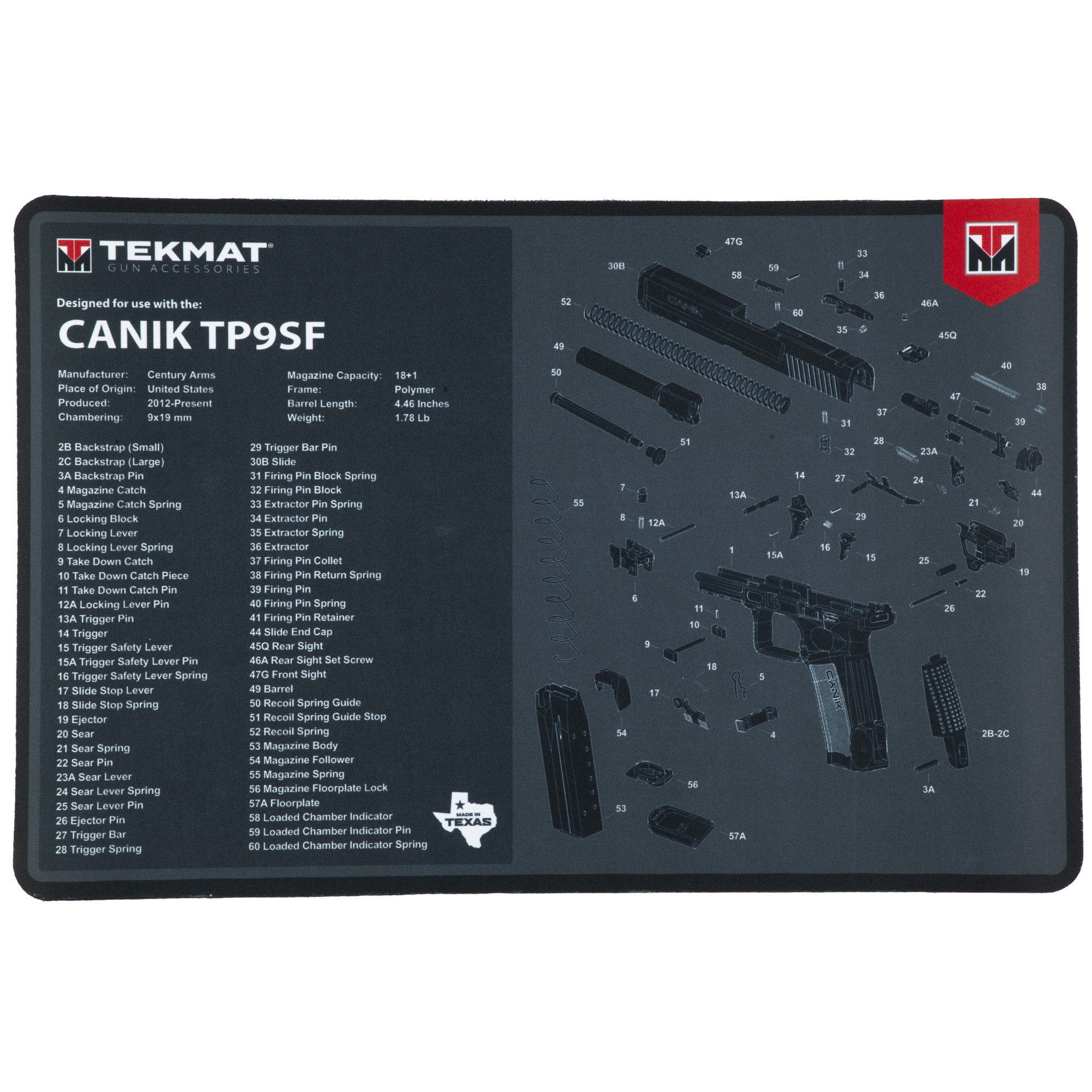 TekMat TEKR17CANIKTP9SF Cleaning Mat Black/Gray Rubber 11”x17” Canik TP9SF Diagram