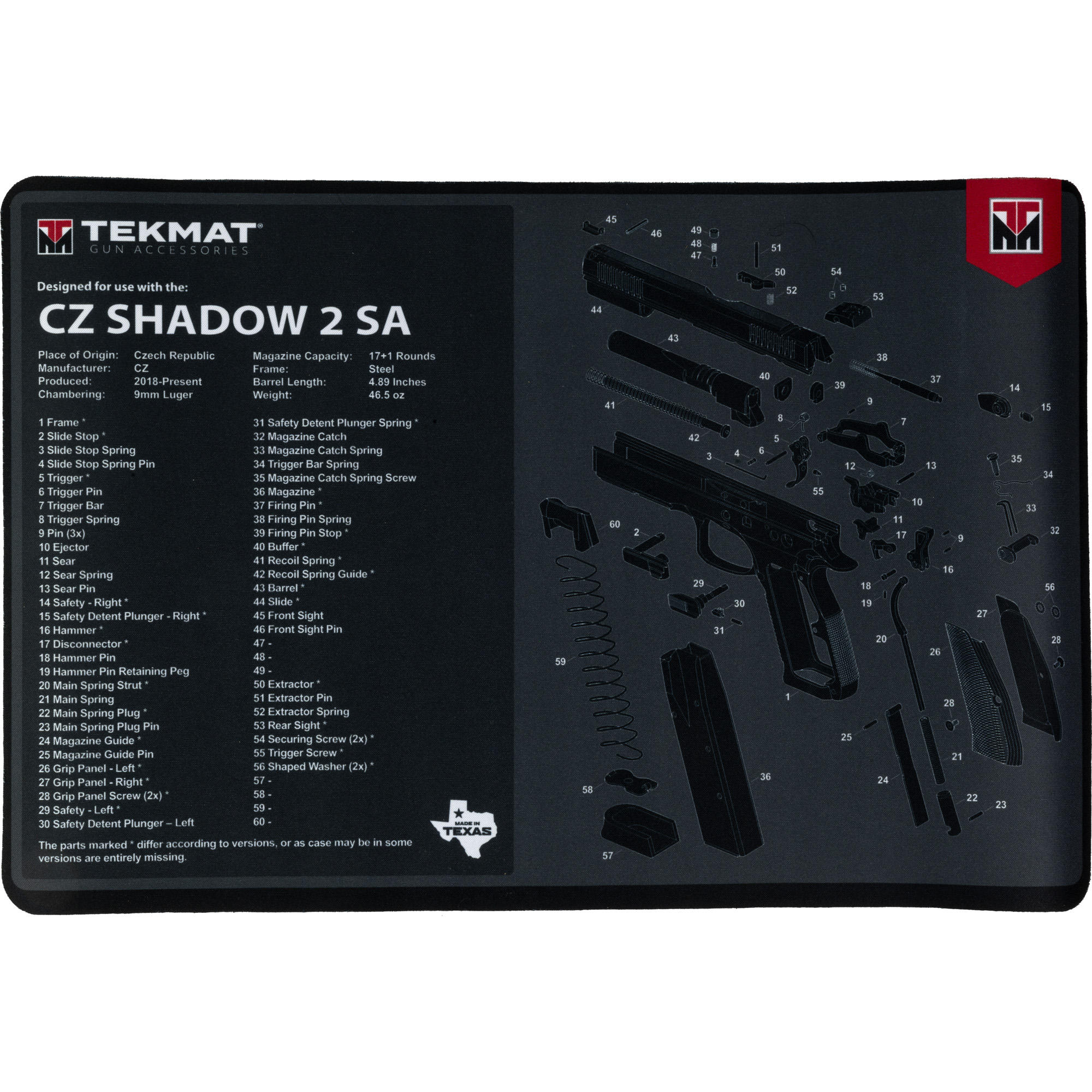 TekMat TEKR17CZSHDW2 CZ Shadow 2 SA Cleaning Mat Black/White Rubber 11”x17” CZ-75 Shadow 2 SA Diagram