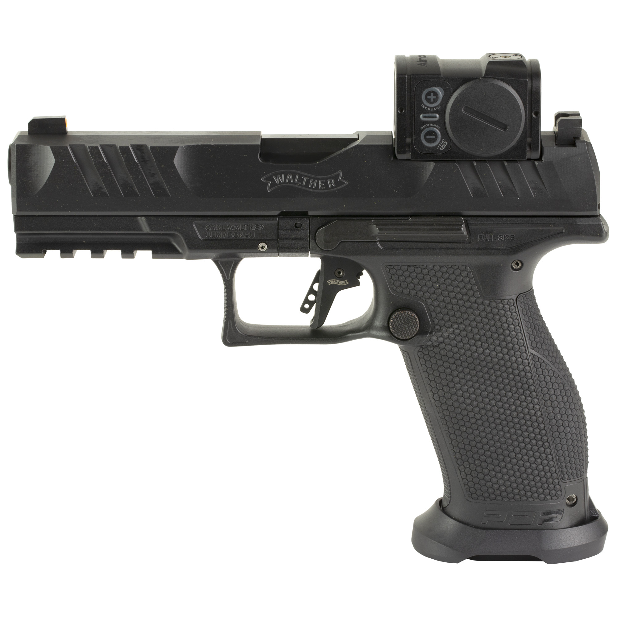 Walther Arms 2881225PRO PDP w/Optic Full Size Frame 9mm Luger 18+1 4.50” Polygonal Rifling Barrel Black Optic Ready/Serrated Steel Slide Black Polymer Frame w/Picatinny Rail, Aimpoint Acro Red Dot