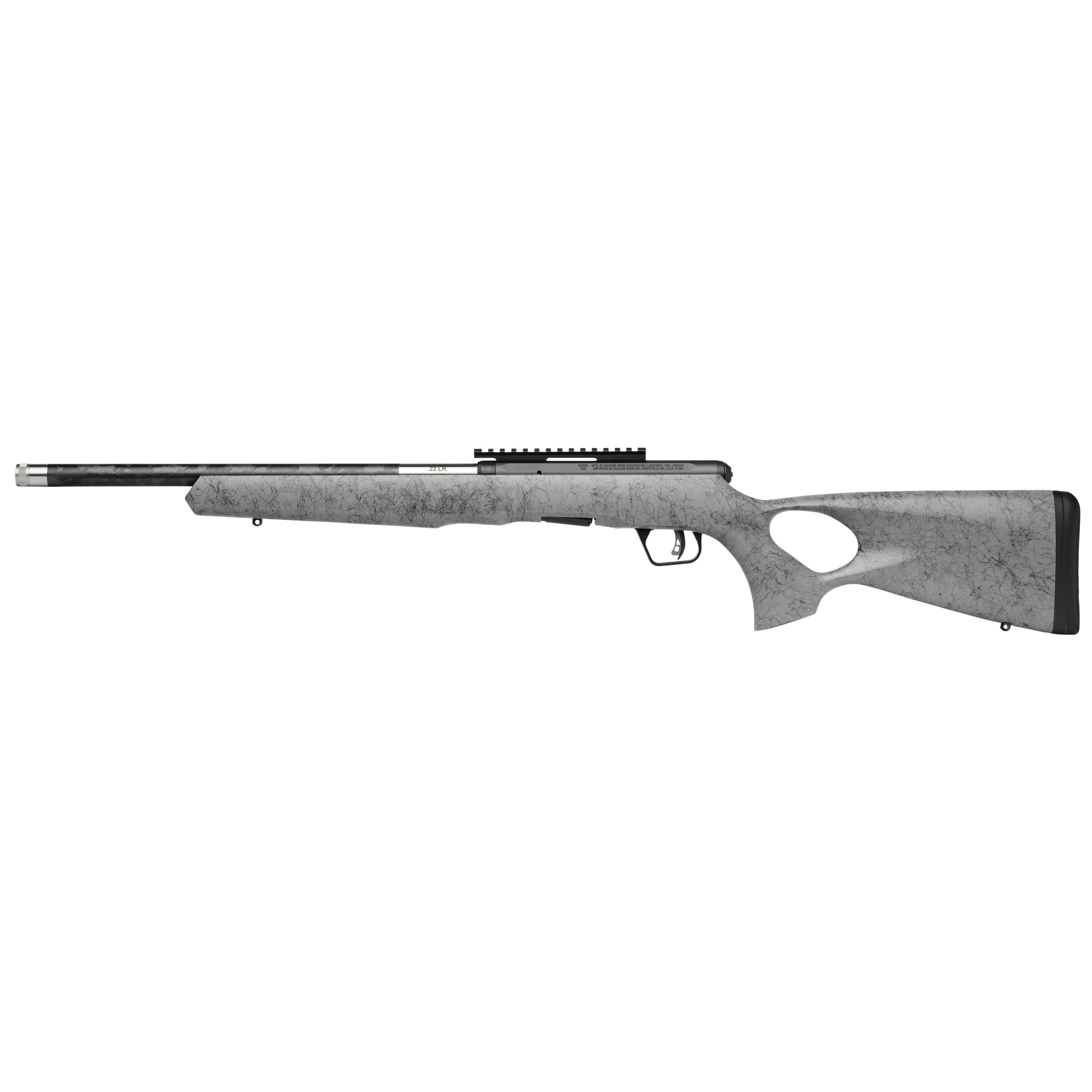 Savage Arms 70218 B Series TimberLite 22 LR 10+1 18” Carbon Fiber Threaded Barrel, Matte Black Picatinny Rail Carbon Steel Receiver, Gray w/Black Webbing Fixed Thumbhole Synthetic Stock