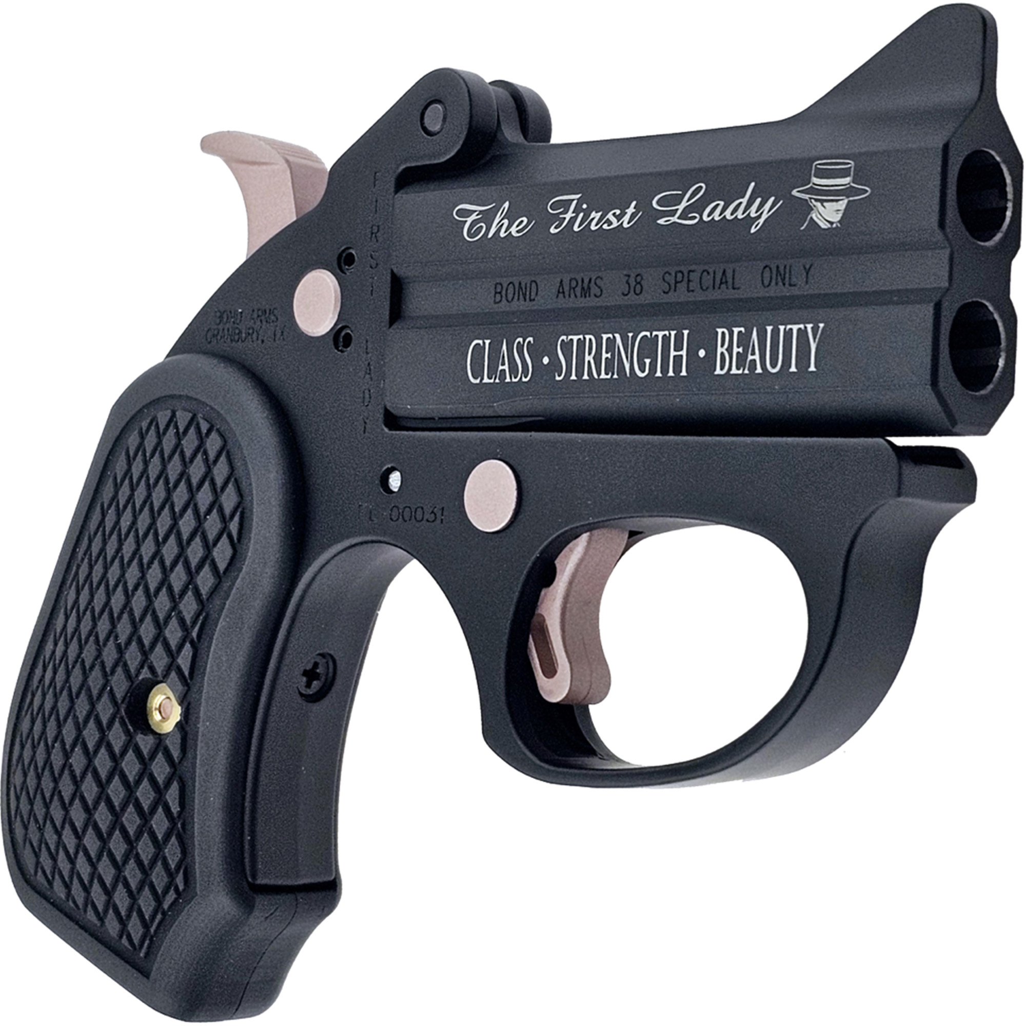 Bond Arms BAFL-BP-38SPL The First Lady Stinger RS 38 Special 2 Shot 3” Black Double Barrel Black Cerakote w/”The First Lady”, “Class, Strength, Beauty” Stainless Steel Frame Black Extended B6 Resin Gr