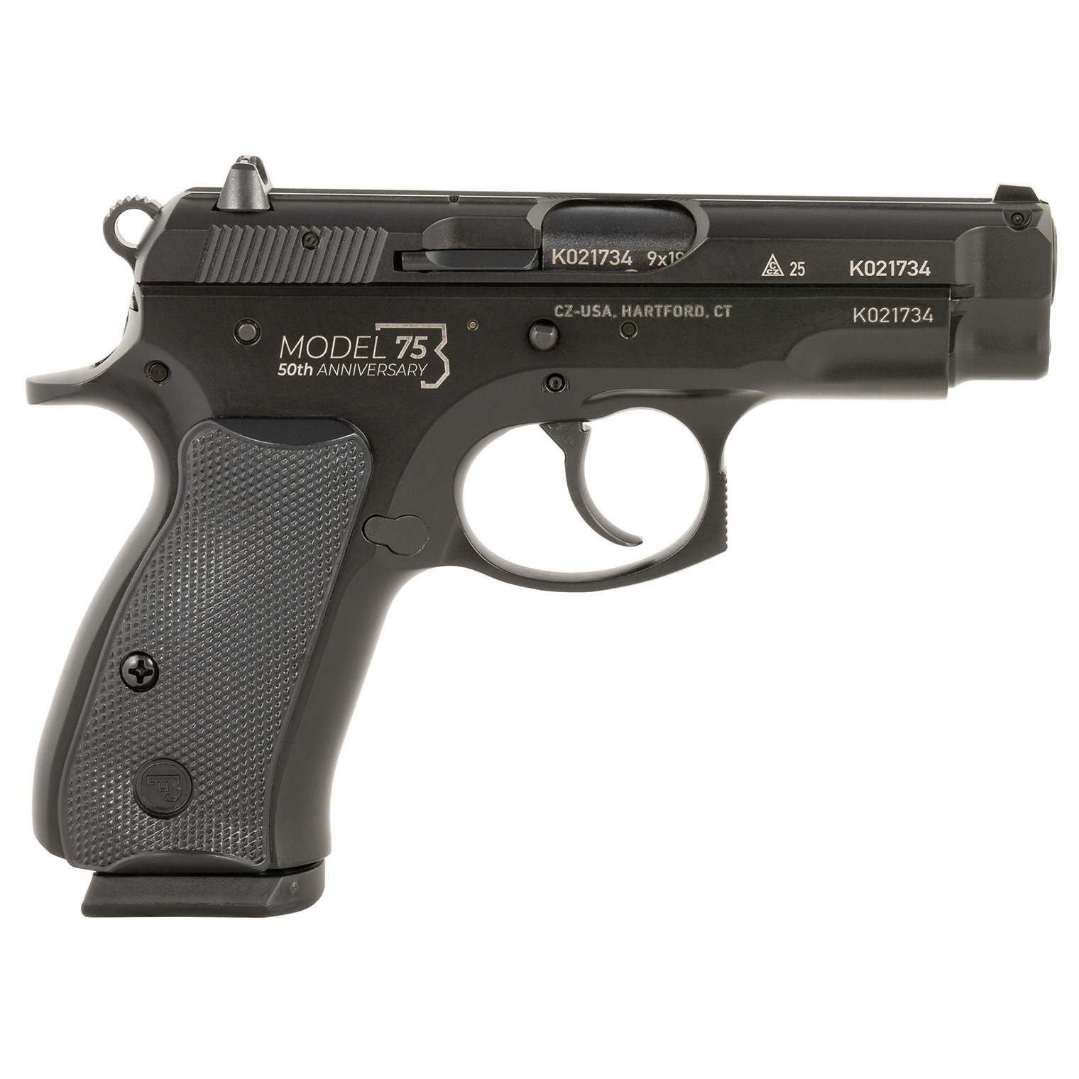 CZ-USA 01144 CZ 75 Compact 50th Anniversary 9mm Luger 10+1 3.75” Black Steel Barrel & Serrated Slide, Black Polycoat Steel Frame w/Beavertail, Black Plastic Grip, Right Hand