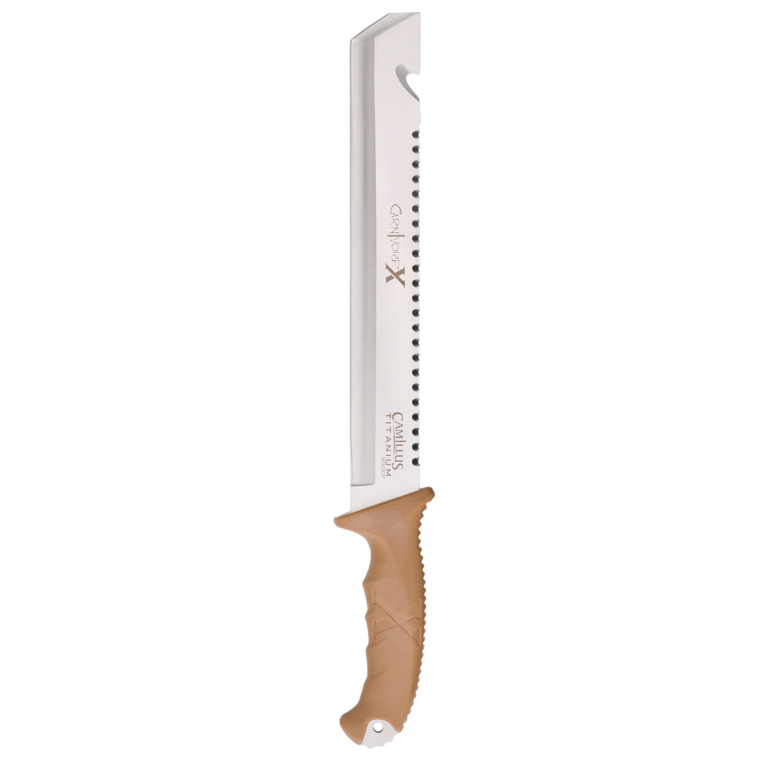 Camillus 19236 Carnivore X 12” Fixed Gut Hook/Machete Part Serrated Titanium Bonded 420 Stainless Steel Blade, 6” Brown ABS Handle, Clamshell Packaging