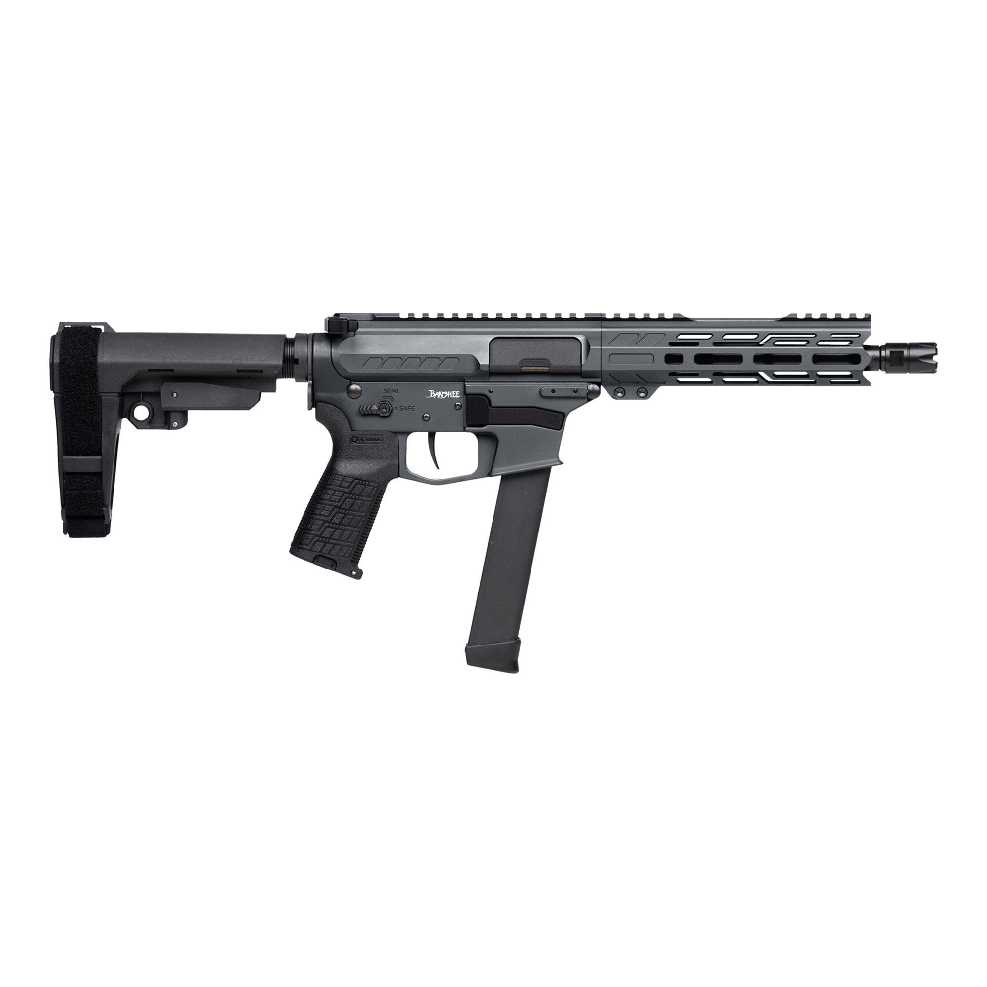 CMMG 99A520FTNG Banshee FE MkGs 9mm Luger 33+1 8” Black Nitride Threaded Barrel, M-LOK Handguard, Tungsten Cerakote Aluminum Receiver w/Picatinny Rail, Black Polymer CMMG RipBrace, CMMG Zeroed Grip
