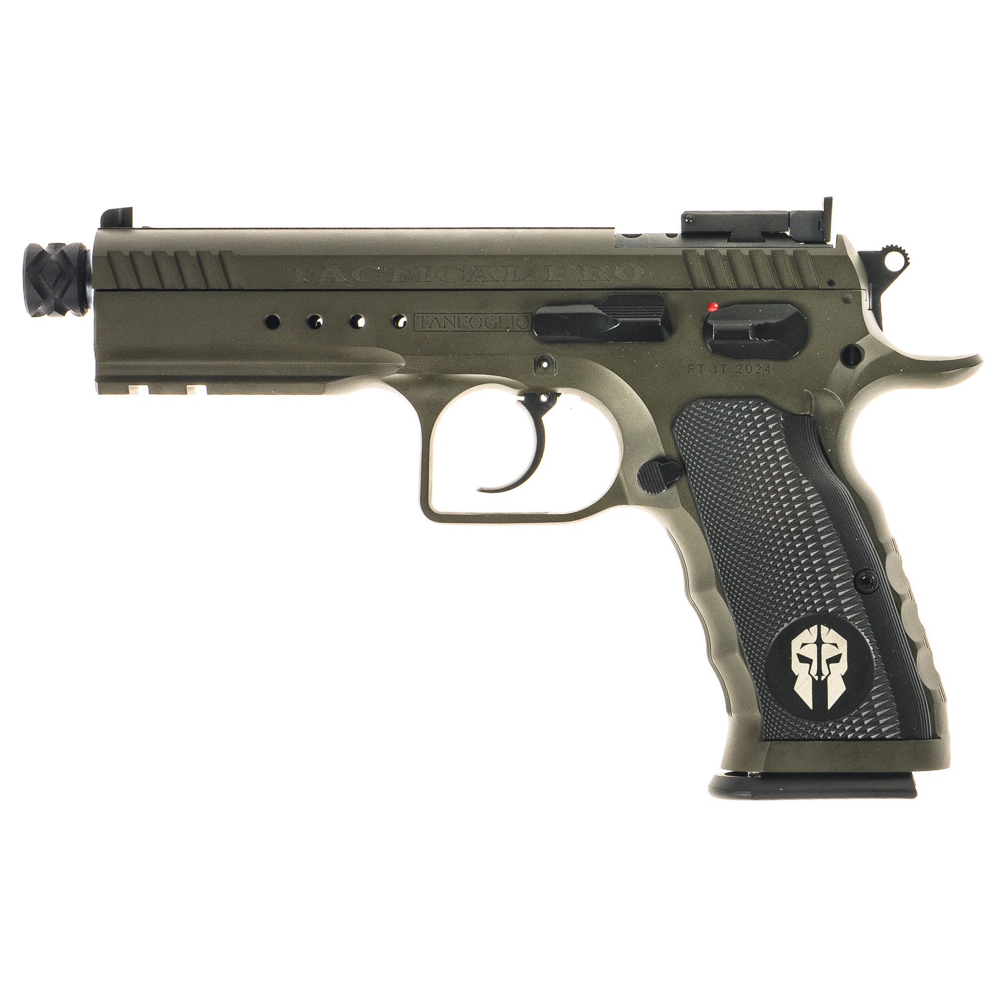 Tanfoglio Defiant Tactical Pro 9mm Luger 20+1 4.50” Stainless Threaded Barrel, Green Steel Optic Ready/Ported/Serrated Slide, Green Steel Frame w/Beavertail & Picatinny Rail, Black Polymer Grip