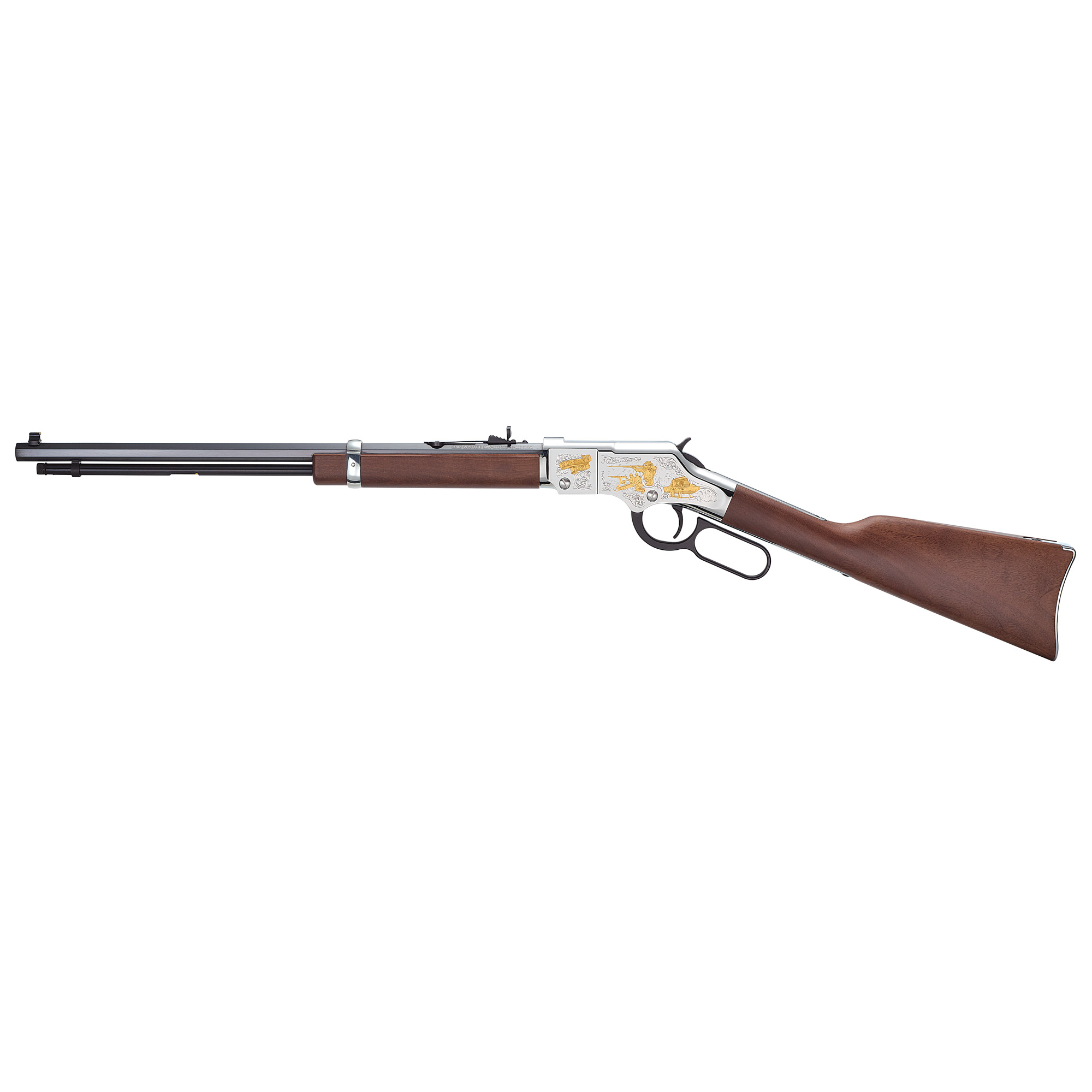 Henry H004MC2 Spirit Of The Corps 250th Anniversary 2nd Edition 22 S/L/LR 16+1 20” Black Octagon Barrel, Nickel-Plated w/24K Gold Inlay Engraved Brass Drilled & Tapped Receiver, American Walnut Straig