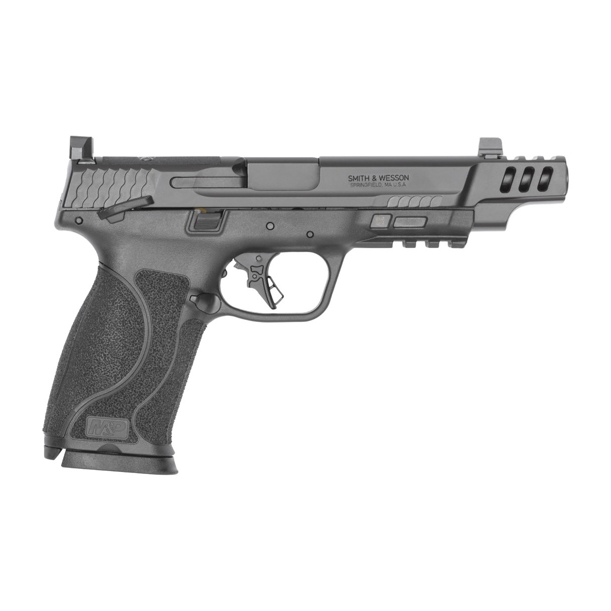 Smith & Wesson 14504 M&P PC M2.0 10mm Auto 10+1 5.60” Black Armornite Ported Barrel, Black Armornite Stainless Steel Ported/Serrated Slide, Black Polymer Frame w/Picatinny Rail, Interchangeable Palmsw