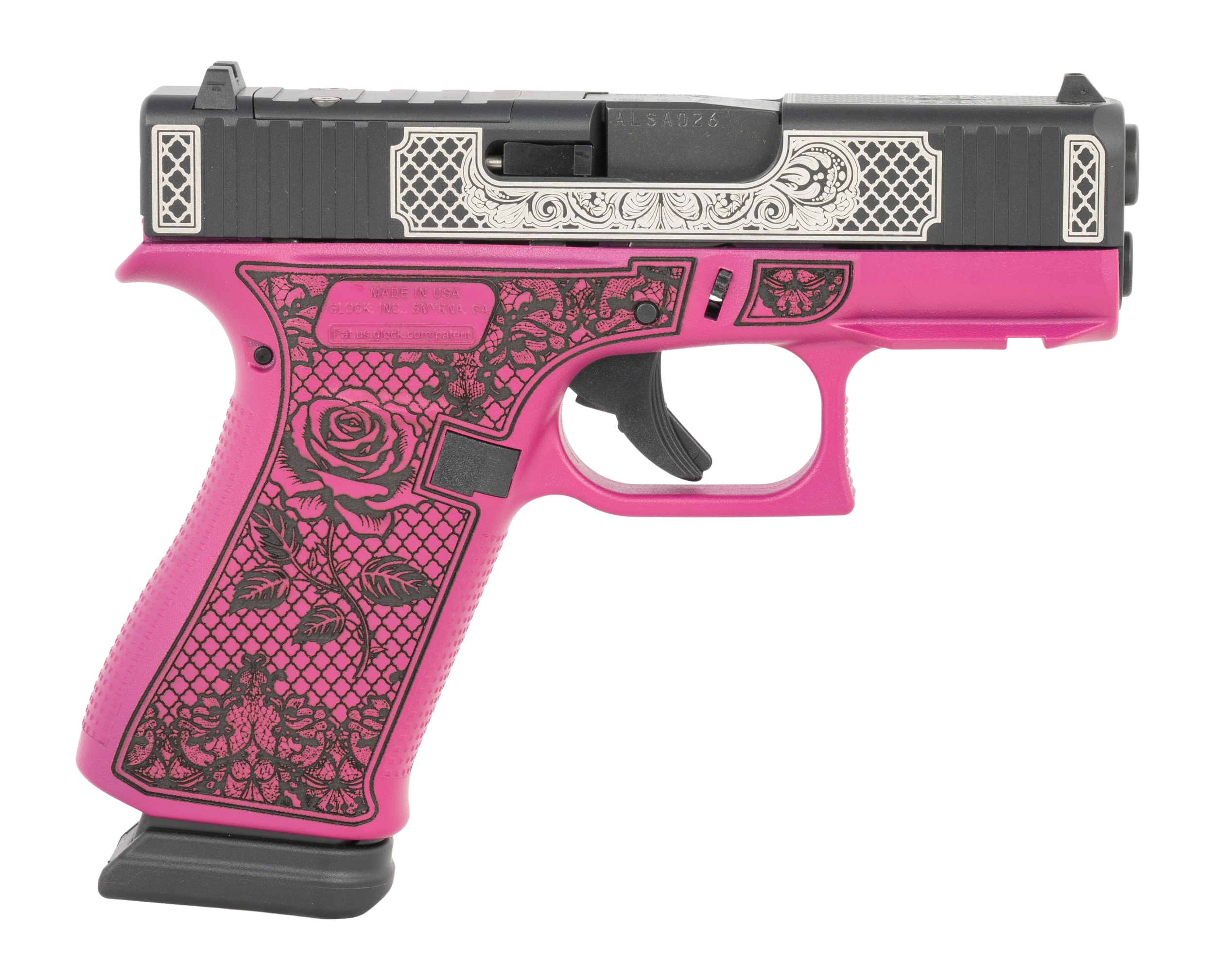 Glock G43X MOS Pistol UX4350204NR15ORGLBC, 9mm, 3.41in, Pink Rose Custom Textured Polymer Grips, 15 Rds
