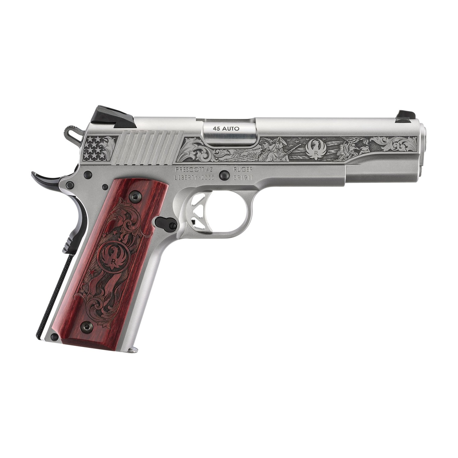 Ruger 16707 SR1911 250th Anniversary 45 ACP 8+1 5” Stainless Steel Barrel, Low-Glare Stainless Steel Serrated Slide & Frame w/Beavertail, Custom Wood Engraved Grip