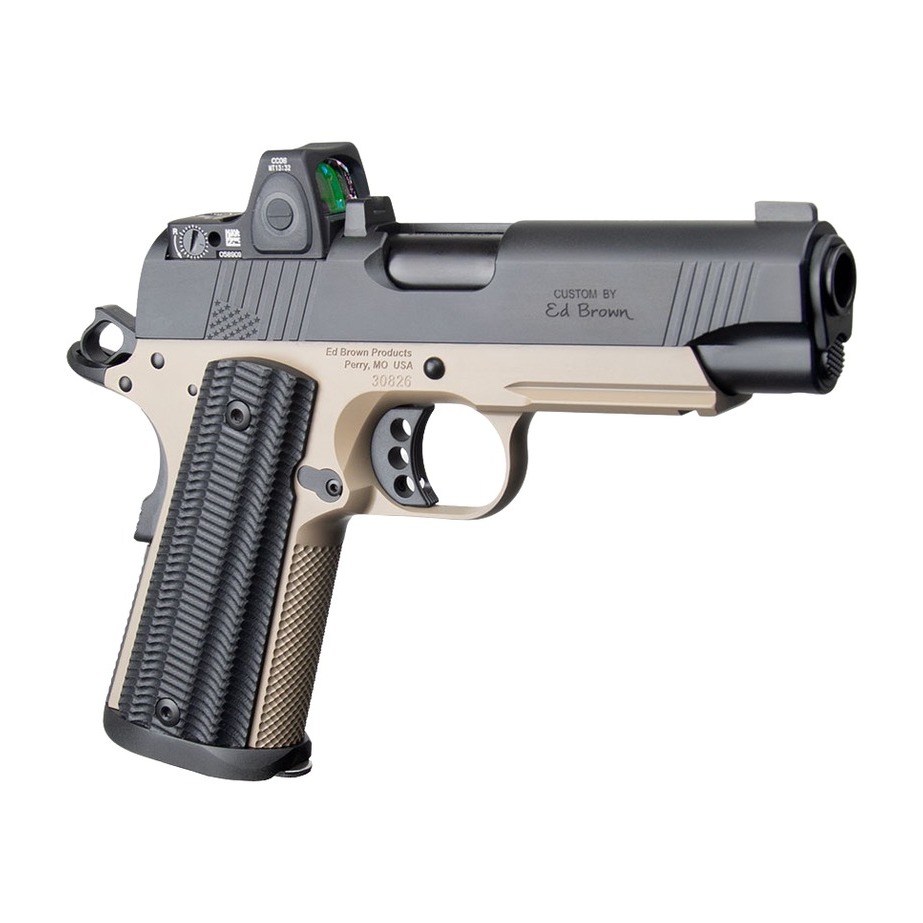 Ed Brown Special Forces Commander SOCOM w/Optic 45 ACP 7+1 4.25” Black Nitride Barrel, Black Gen4 Stainless Steel Serrated w/Optic Slide, Flat Dark Earth Gen4 Stainless Steel Frame w/Accessory Rail,