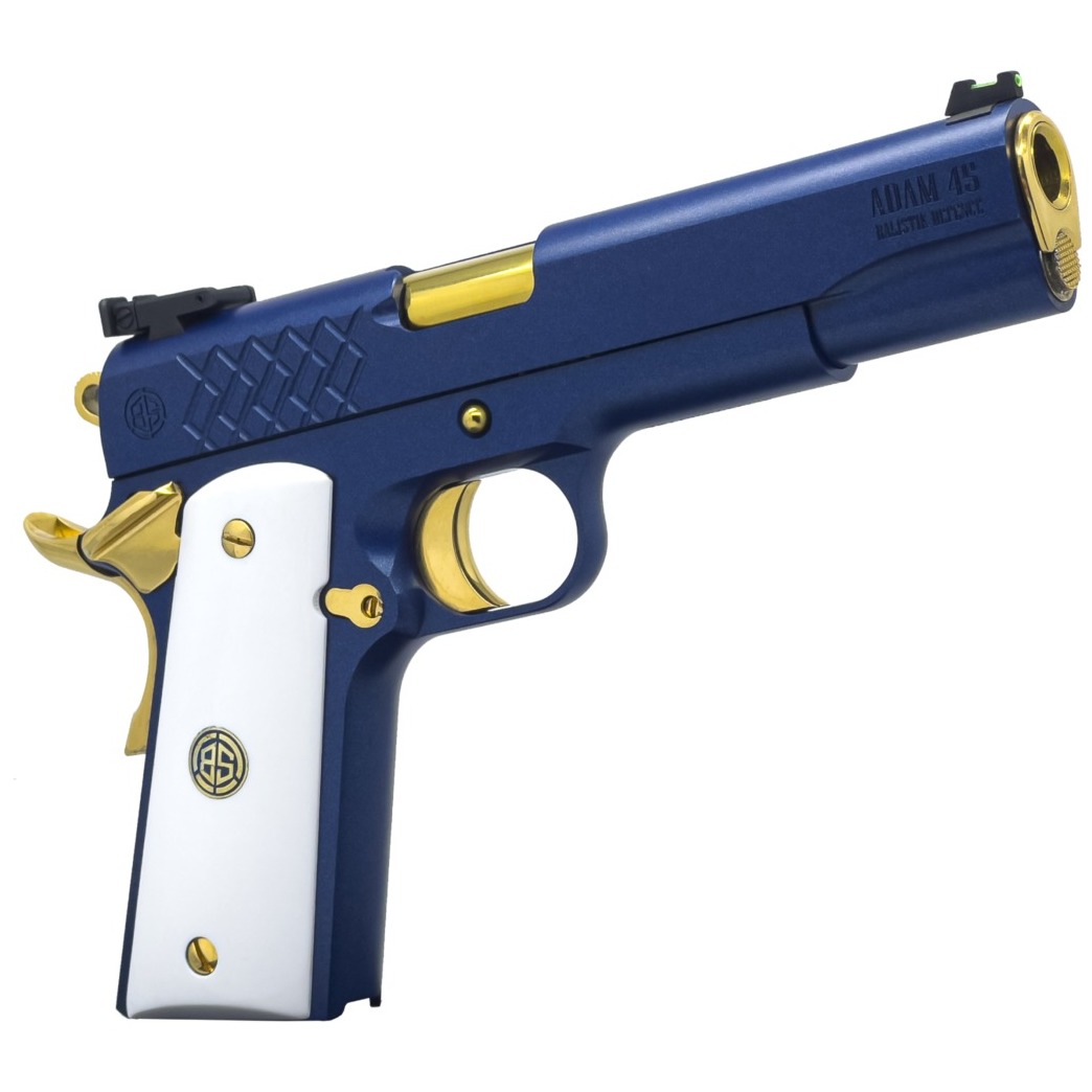 Dickinson LLC DKSN45SM Adam 1911 Sapphire Full Size 45 ACP 8+1 5” Gold Barrel, Blue Sapphire Steel Slide & Frame w/Beavertail White Grip