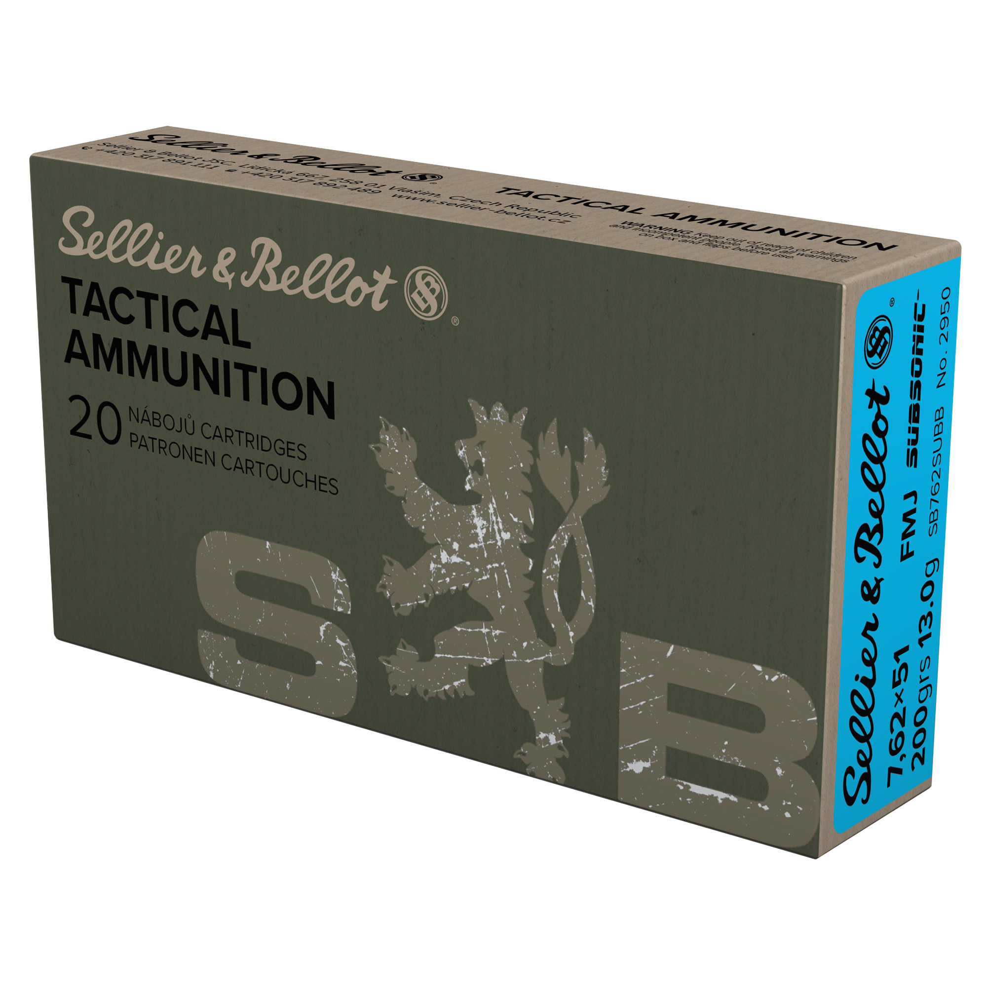 Sellier & Bellot SB762SUBB Rifle 308Win 200gr Full Metal Jacket Subsonic 20 Per Box/25 Case