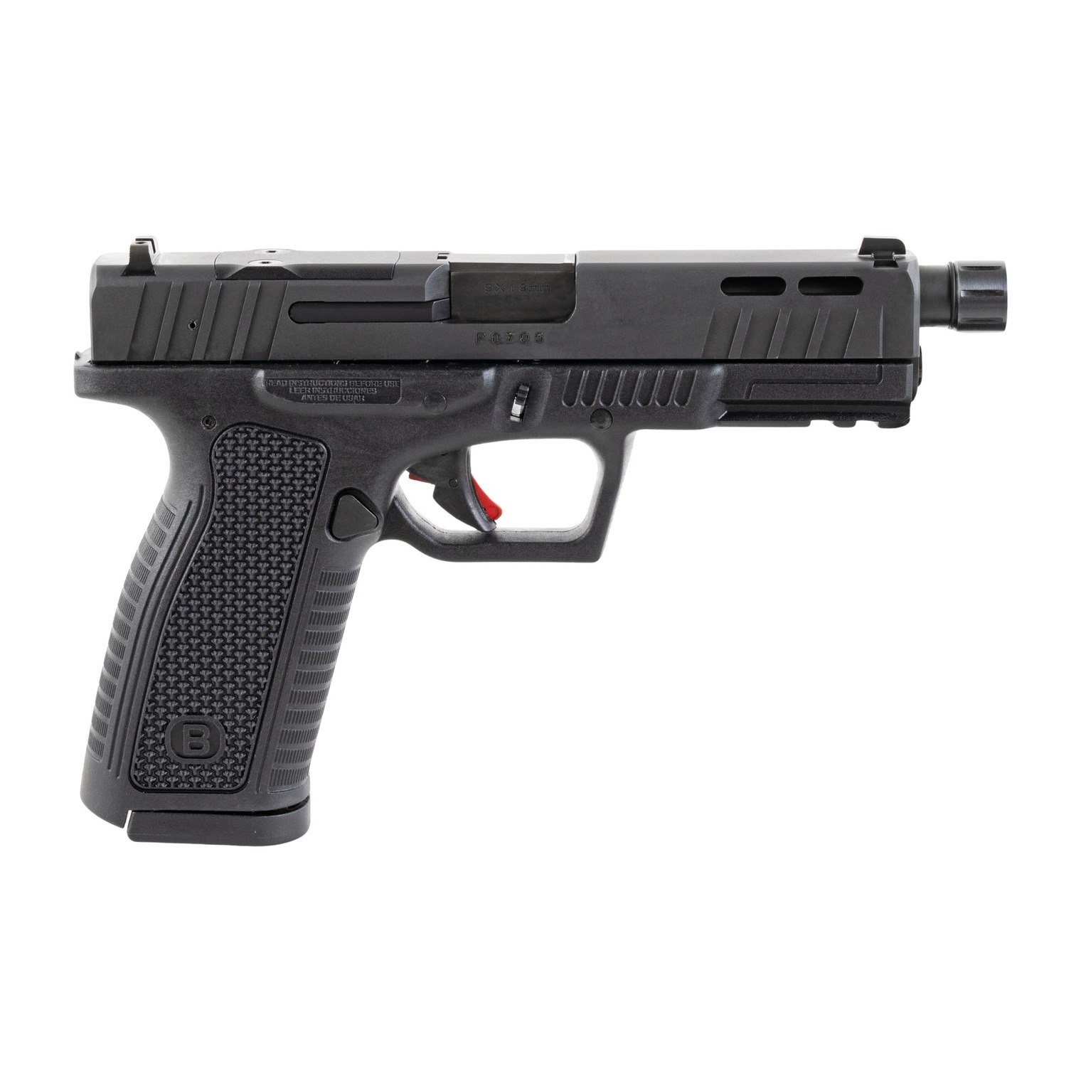Bersa BP9FSMORX BP9 Full Size 9mm Luger 17+1 4.25” Black Threaded Barrel, Matte Black Steel Lightening Cut/Optic Cut/Serrated Slide, Black Polymer Frame w/Picatinny Rail, Hex Textured Grip