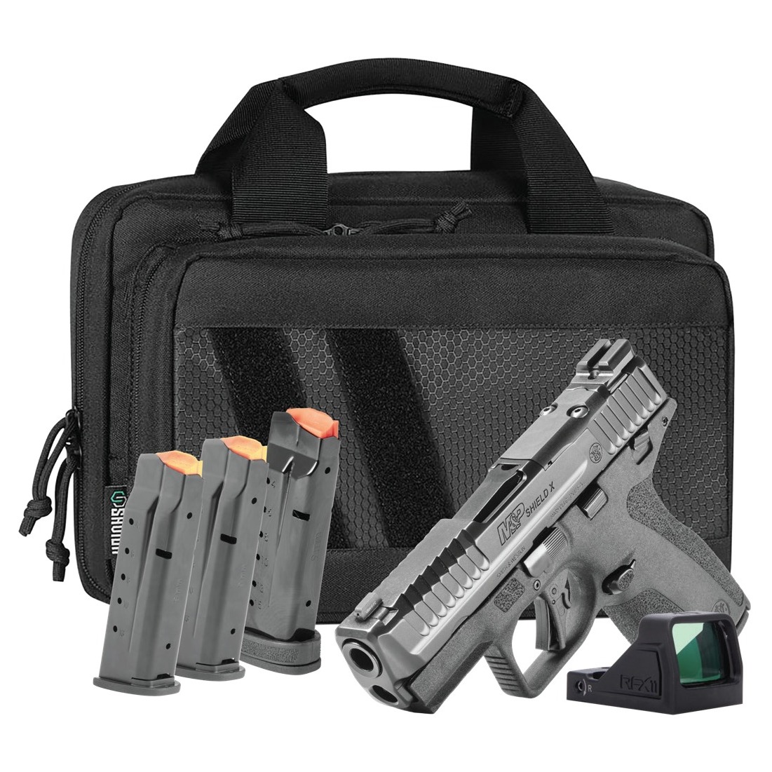 Smith & Wesson 14955 M&P9 Shield X Bundle Sub-Compact 9mm Luger 15+1 3.60” Black Armornite Target Crown Barrel, Black Armornite Stainless Steel Serrated w/Optic Slide, Black Polymer Frame w/Picatinny