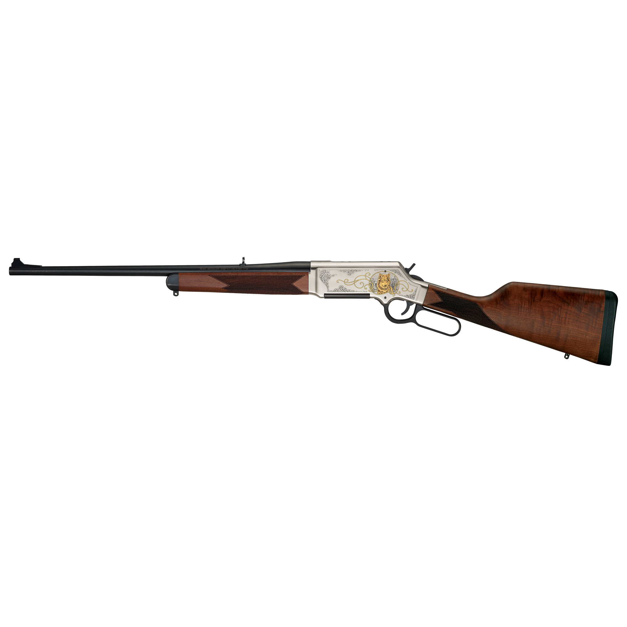 Henry H014WL223 Long Ranger Wildlife Full Size 223 Rem/5.56x45mm NATO 5+1 20” Blued Steel Barrel, Engraved Nickel-Plated w/24K Gold Inlay Steel Receiver, American Walnut Stock Right Hand