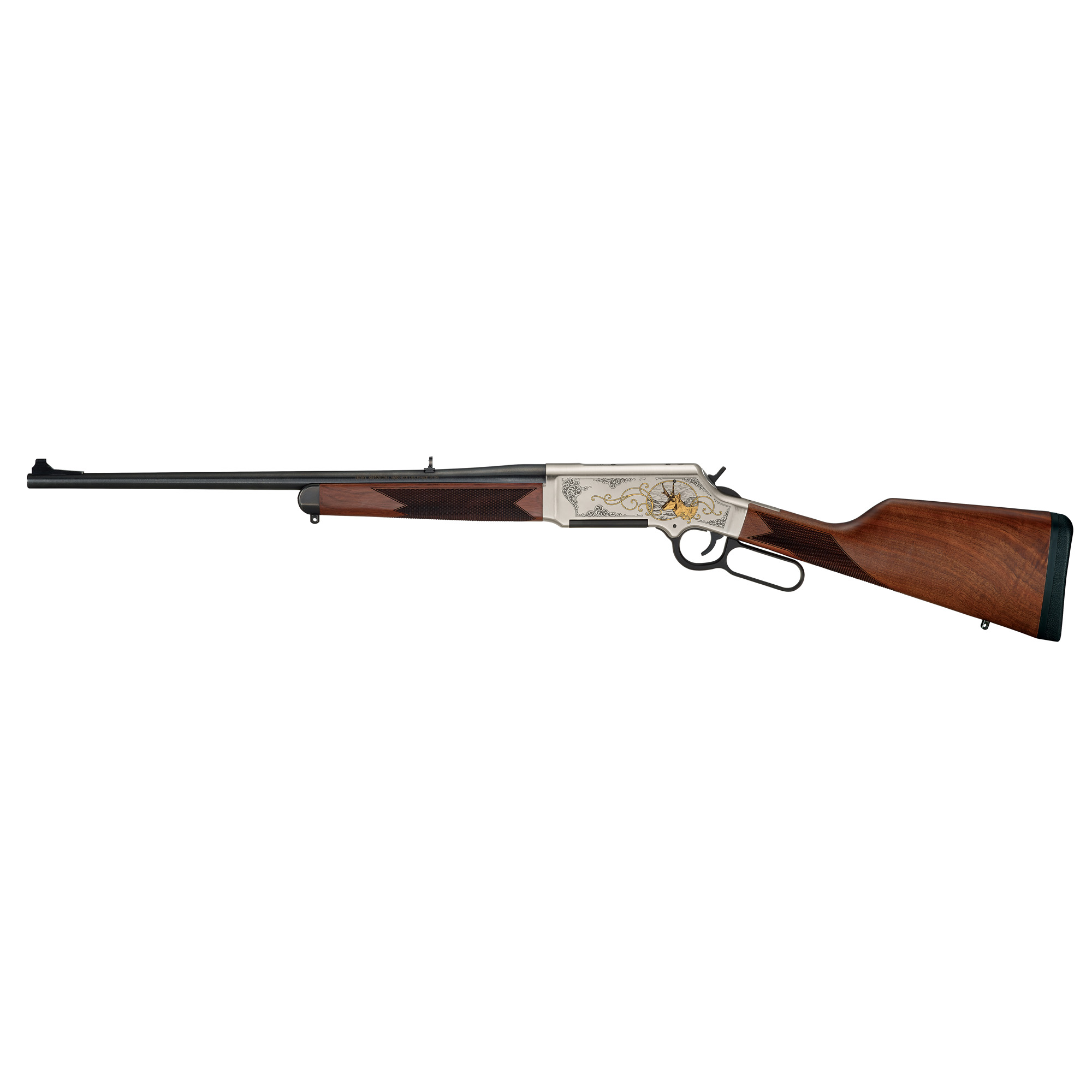 Henry H014WL243 Long Ranger Wildlife Full Size 243 Win 4+1 20” Blued Steel Barrel, Engraved Nickel-Plated w/24K Gold Inlay Steel Receiver, American Walnut Stock Right Hand