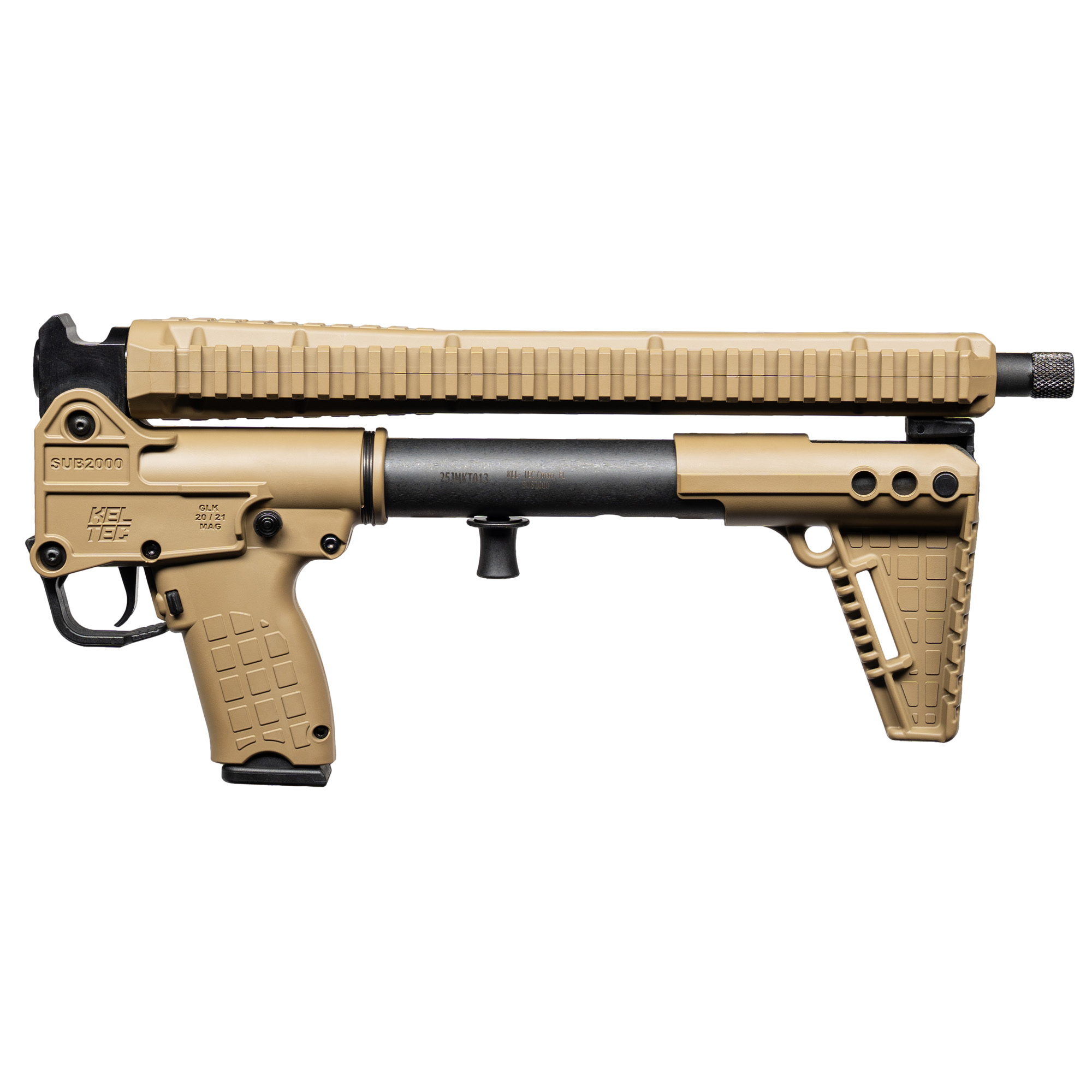 Kel-Tec SUB2K10GLKTAN SUB2000 Gen3 10mm Auto 15+1 16.15” Black Threaded Barrel, Tan Picatinny Rail Receiver, M-LOK Handguard, Rotating Forend, 3 Position Adj Tan Polymer Stock, Glock 20 Grip