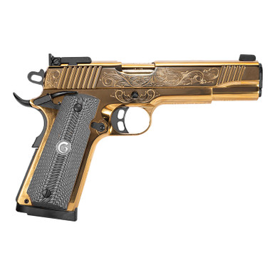 Girsan 390093 MC1911 S Lux 45 ACP 8+1 5" Gold Plated PVD Steel Barrel, Gold Finish Engraved Serrated w/Engraving Steel Slide, Gold Plated Steel Frame, Black G10 Grip