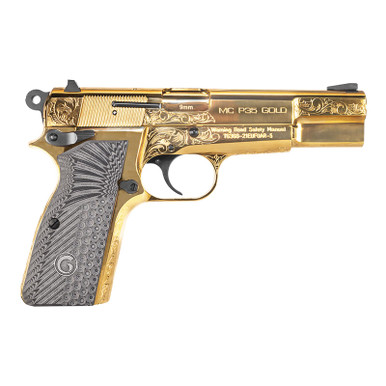 Girsan 390488 MC P35 9mm Luger 15+1 4.87" Gold Plated PVD Stainless Steel Barrel, Gold Finish Engraved Serrated Stainless Steel Slide, Gold Plated Steel Frame w/Beavertail, G10 Grip