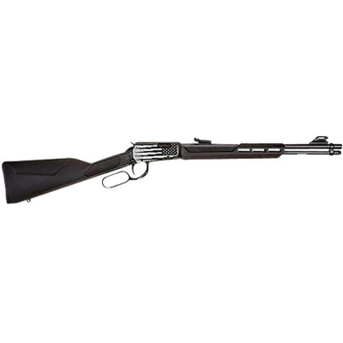 Rossi RL22W201SYEN18 Rio Bravo Full Size, Lever Action 22 WMR 12+1, 20" Polished Black Steel Barrel, Polished Black w/Lighting US Flag Engraving Steel Receiver, Black Fixed Stock, Right Hand