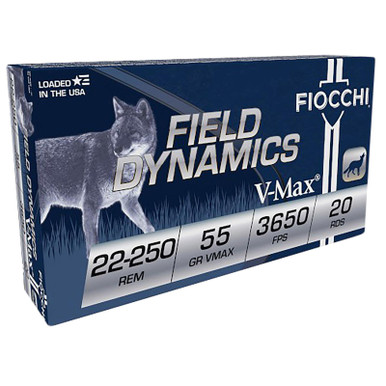 Fiocchi 22250HVD Field Dynamics 22-250Rem 55gr Hornady V Max 20 Per Box/10 Case