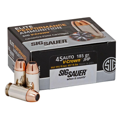 Sig Sauer E45AP050 Elite Performance 45ACP 185gr V-Crown Jacketed Hollow Point 50 Per Box/10 Case
