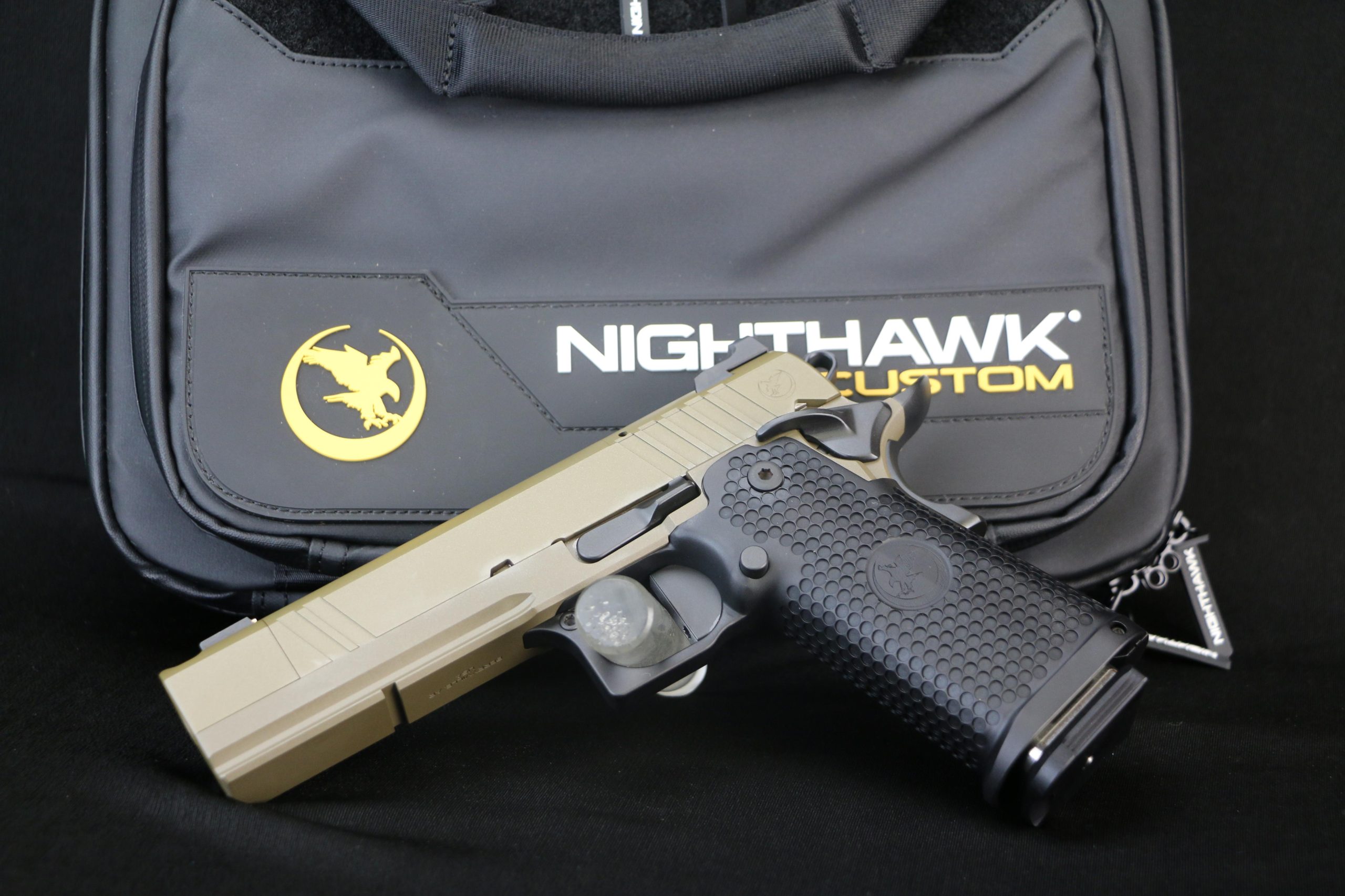 Nighthawk Custom Sand Hawk Comp Double Stack Pistol 0803, 9MM, 5", Black Grips, Sandhawk Tan Finish, Single Port Comp, Optic Ready, 19 Rds