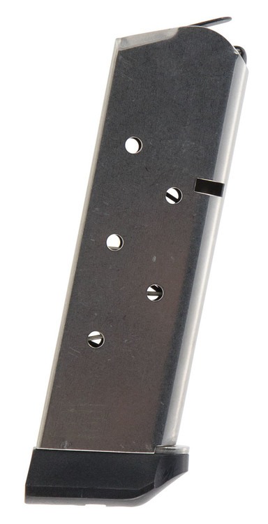 Ed Brown Magazine, 45ACP, 7Rd, Stainless, Fits 1911 Officer's Model, Includes 1 Thick and 1 Thin Base Pad