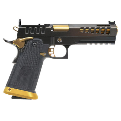 Watchtower Firearms DEMOLITIA9MM5ELITE Demolitia Full Size Frame 9mm Luger 20+1 5" Gold Plated PVD Ported Barrel, Graphite PVD Optic Cut/Serrated Steel Slide, Graphite PVD Frame, Black Textured Grip