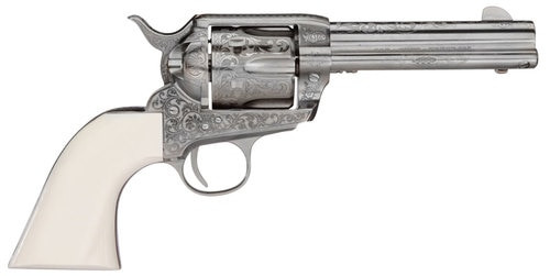 Taylors 1873 Outlaw Legacy Nickel Engraved 45 LC, 4.75" Barrel, Ivory Type Grips
