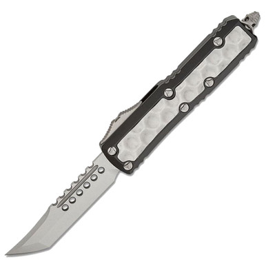 Microtech Signature Series Daytona AUTO OTF Knife 3.125" Stonewashed Hellhound Tanto Blade, Black Bubble Titanium Inlays