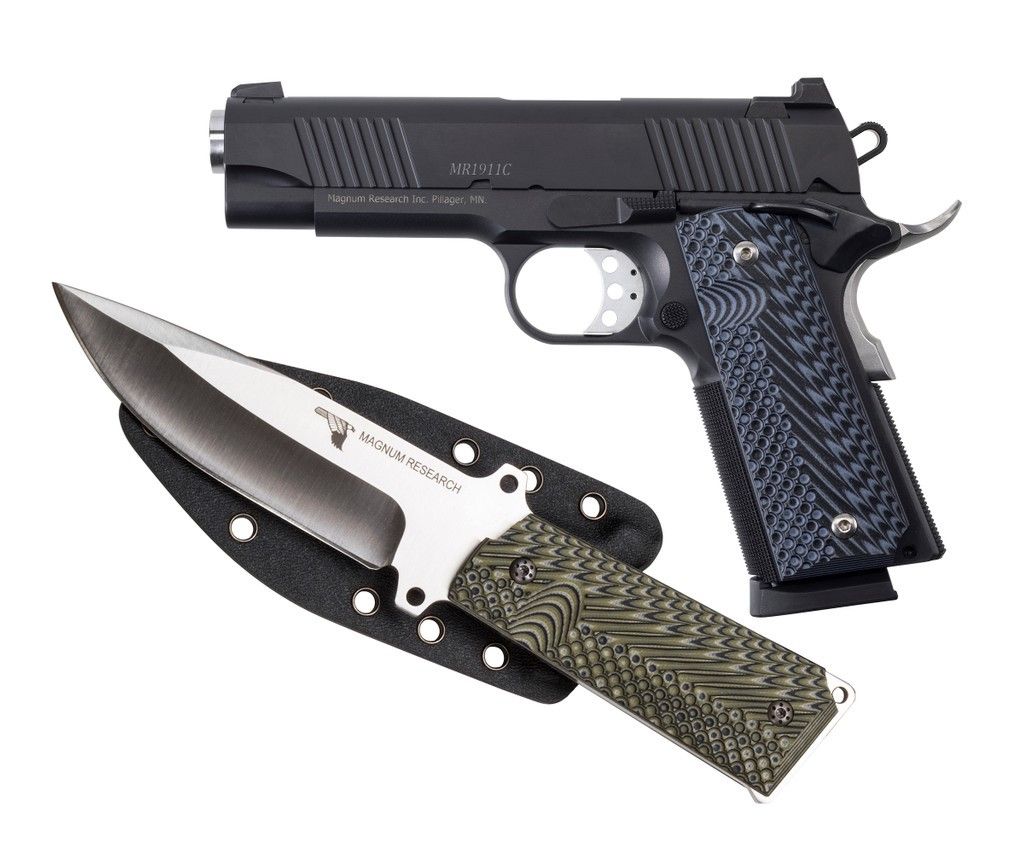 Magnum Research Desert Eagle 1911 Pistol DE1911C9-K, 9mm, 4.33in, G10 Black/Blue Grips, w/Knife 9 Rds