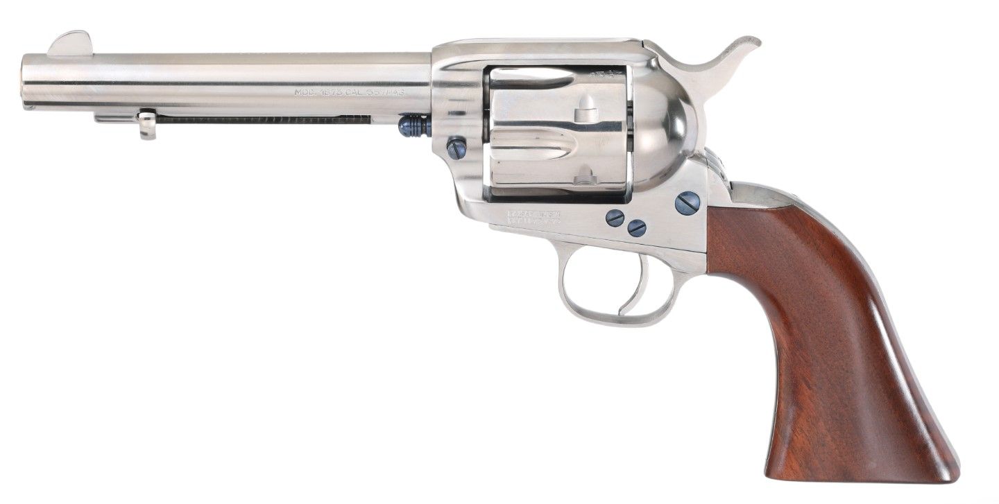 Taylors Gunfighter Revolver 555166, 45 Long Colt, 5.5in, Walnut Grips, Nickel Plated, 6 Rds