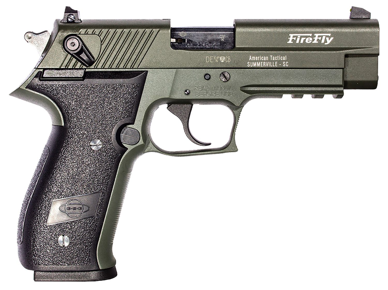 American Tactical FireFly Non-Threaded Pistol GERG2210FFG, 22 LR, 4in, Black Polymer Grips, Green Finish, 10 Rds