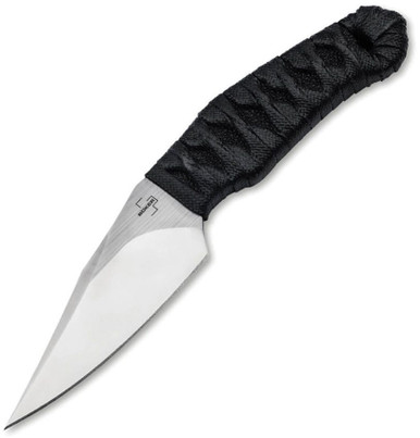Boker Plus 302 Fixed Blade Knife - 3.39" Nitro-V Satin Clip Point Blade, Wrapped Black Fish Skin Handle, Kydex Sheath - 02BP0006