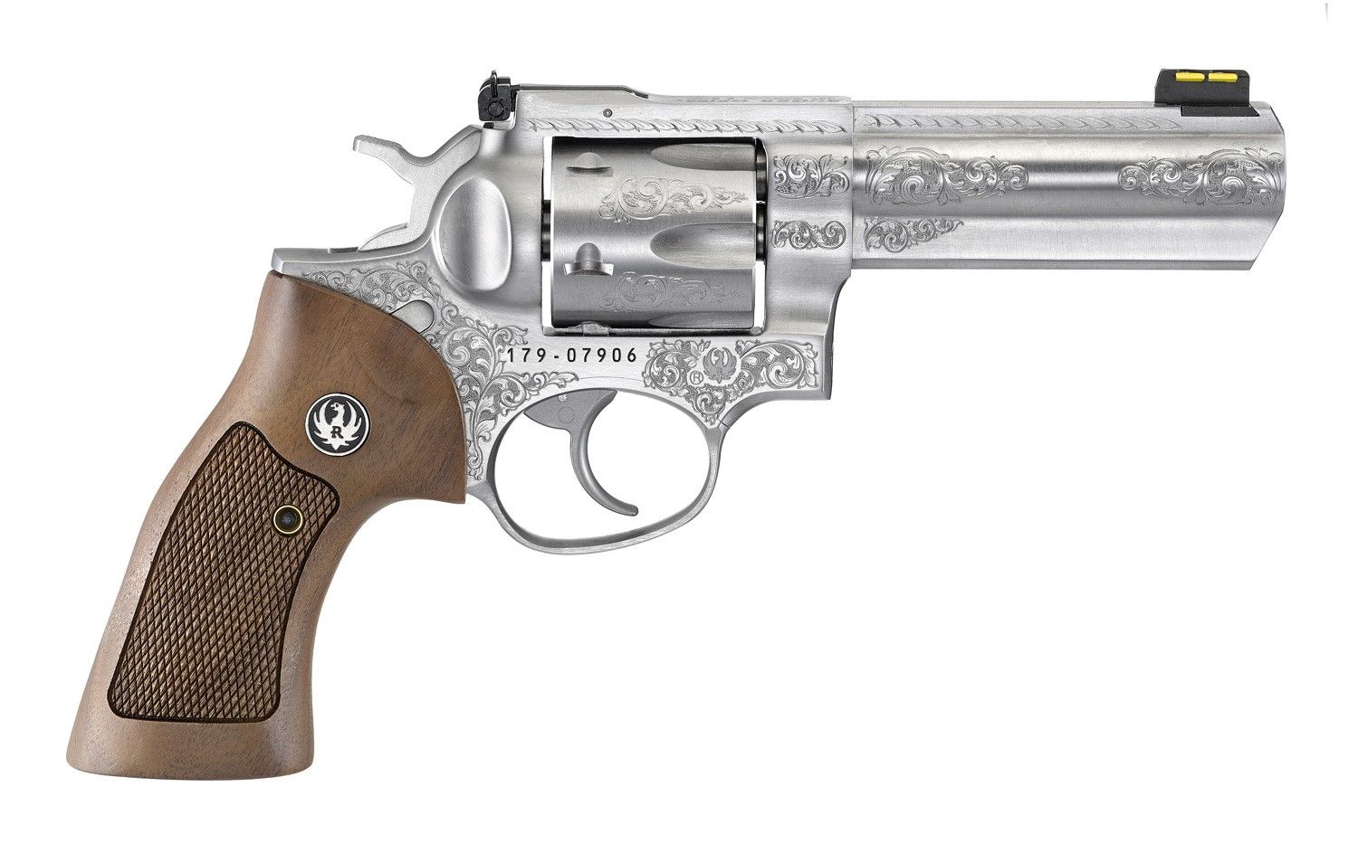 Ruger GP100 Deluxe Revolver 1784, 357 Mag/38 Special, 4.2in, Checkered Hardwood Grips, Satin Stainless Engraved Finish, 6 Rds