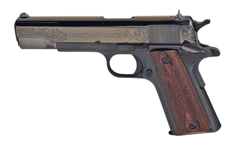 Colt 1911 Classic Government Brocade Pistol O1911C-CX010S, 45 ACP, 5 in, Wood Grips, Black DLC Finish, Engraved Slide w/ Gold Scroll, 8 Rd
