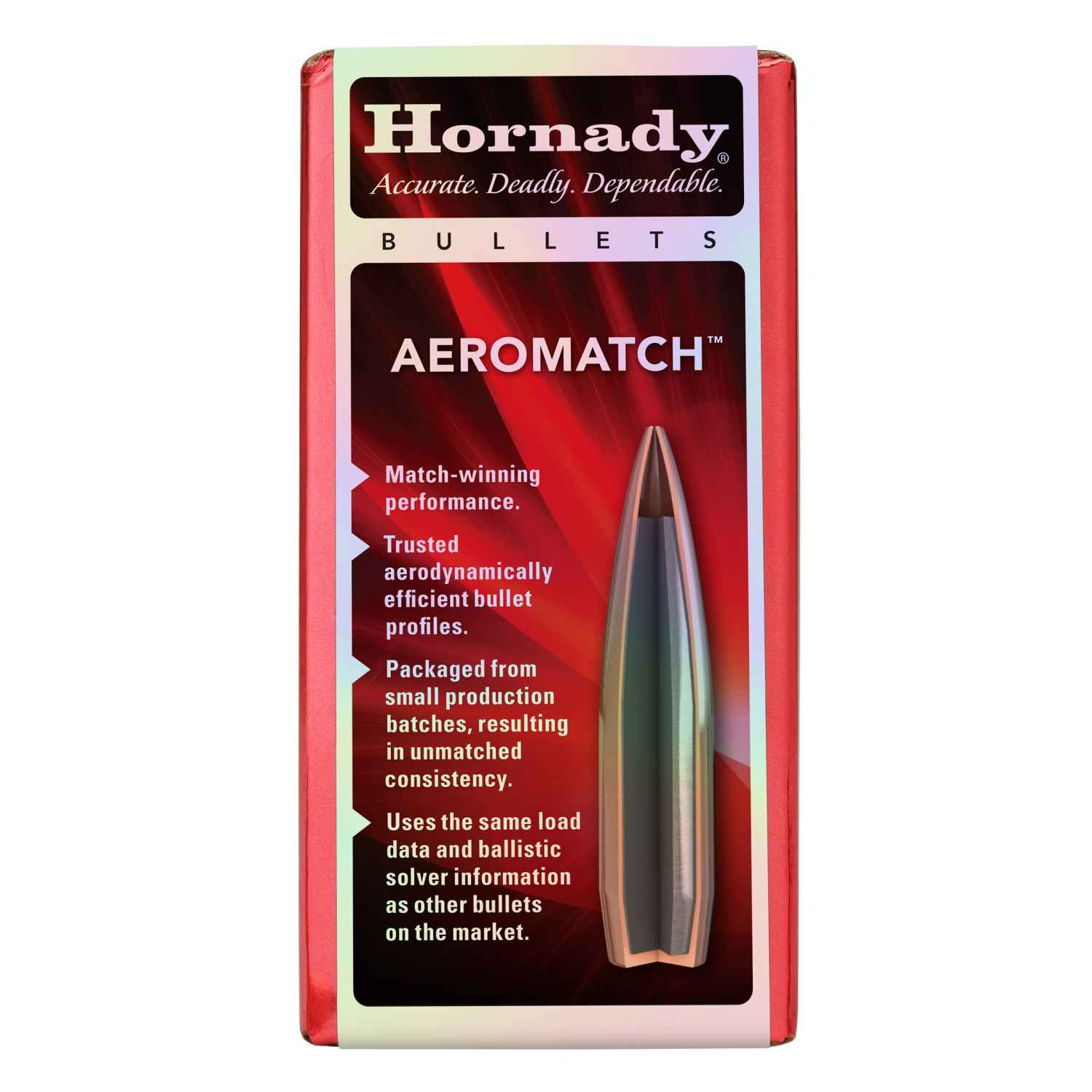 HORNADY AEROMATCH, .224 DIAMETER, 22 CALIBER, 77 GRAIN, AEROMATCH HOLLOW POINT BOAT TAIL, 100 COUNT