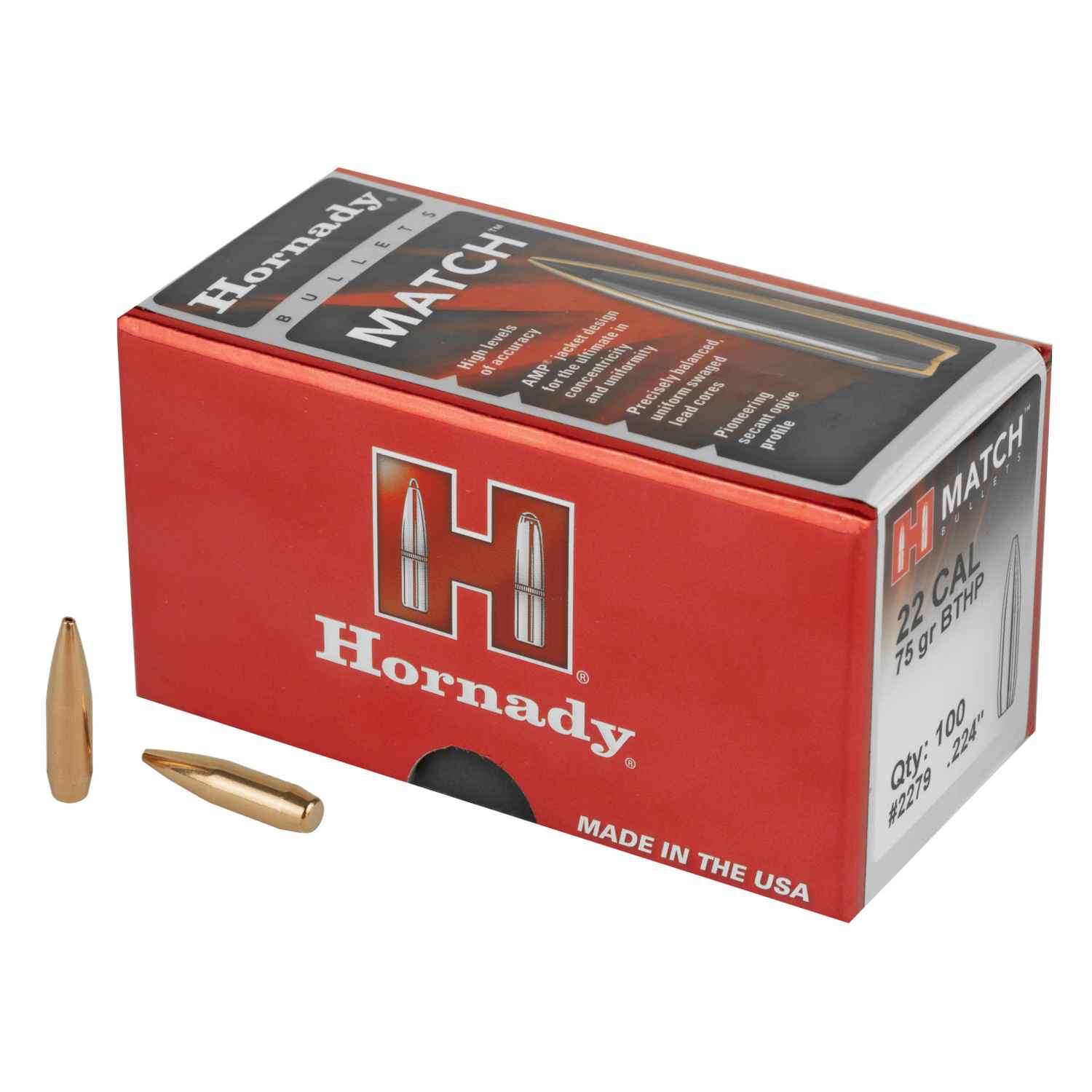 HORNADY MATCH, .224 DIAMETER, 22 CALIBER, 75 GRAIN, BOAT TAIL HOLLOW POINT, 100 COUNT