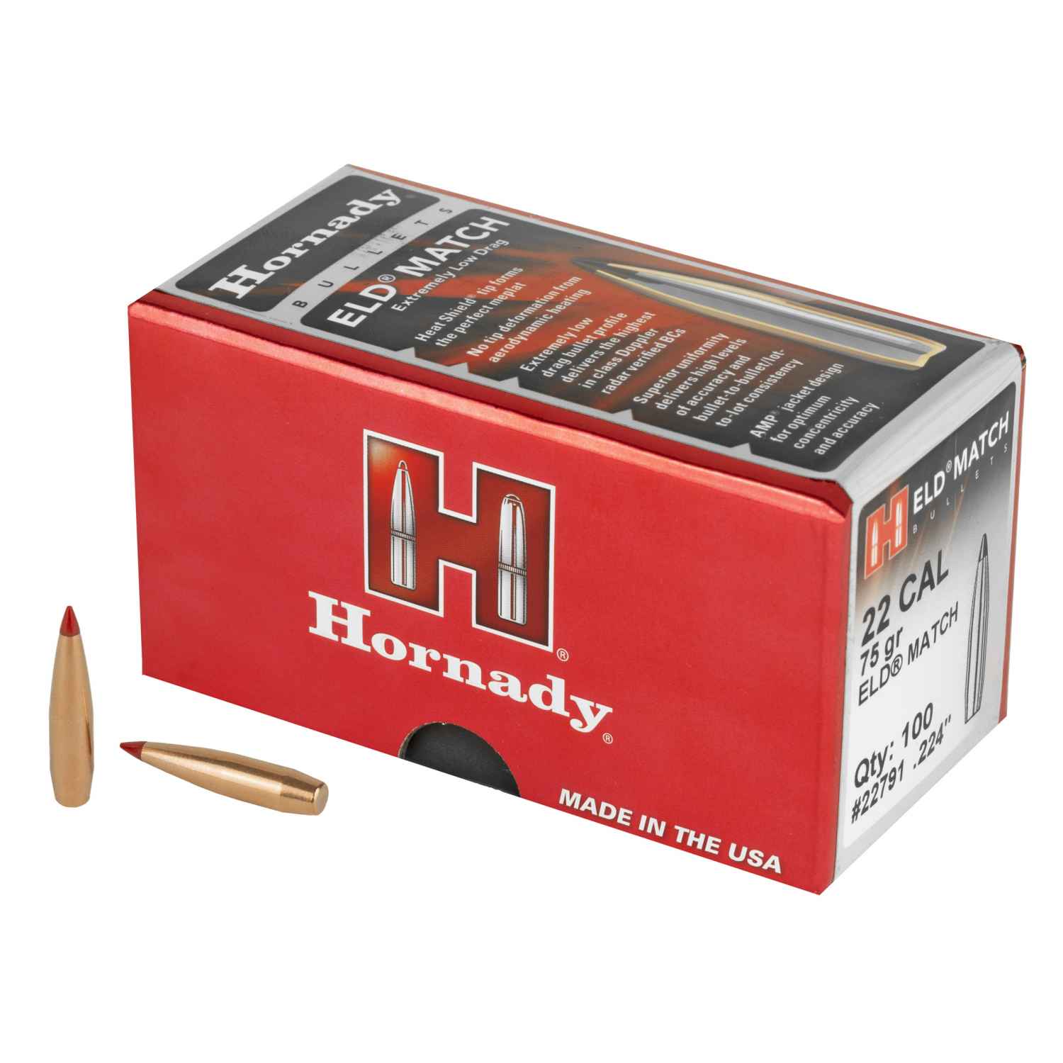 HORNADY ELD-M, .224 DIAMETER, 22 CALIBER, 75 GRAIN, BALLISTIC TIP, 100 COUNT