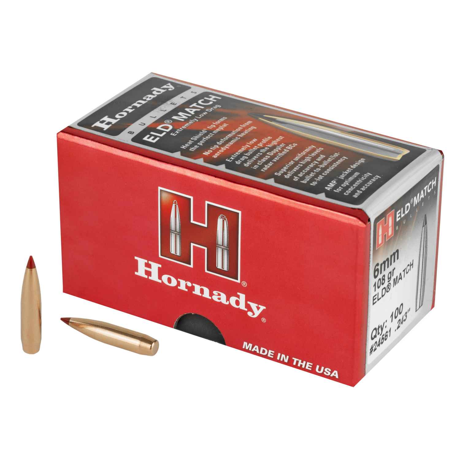 HORNADY ELD-M, .243 DIAMETER, 6MM/243 WINCHESTER, 108 GRAIN, BALLISTIC TIP, 100 COUNT