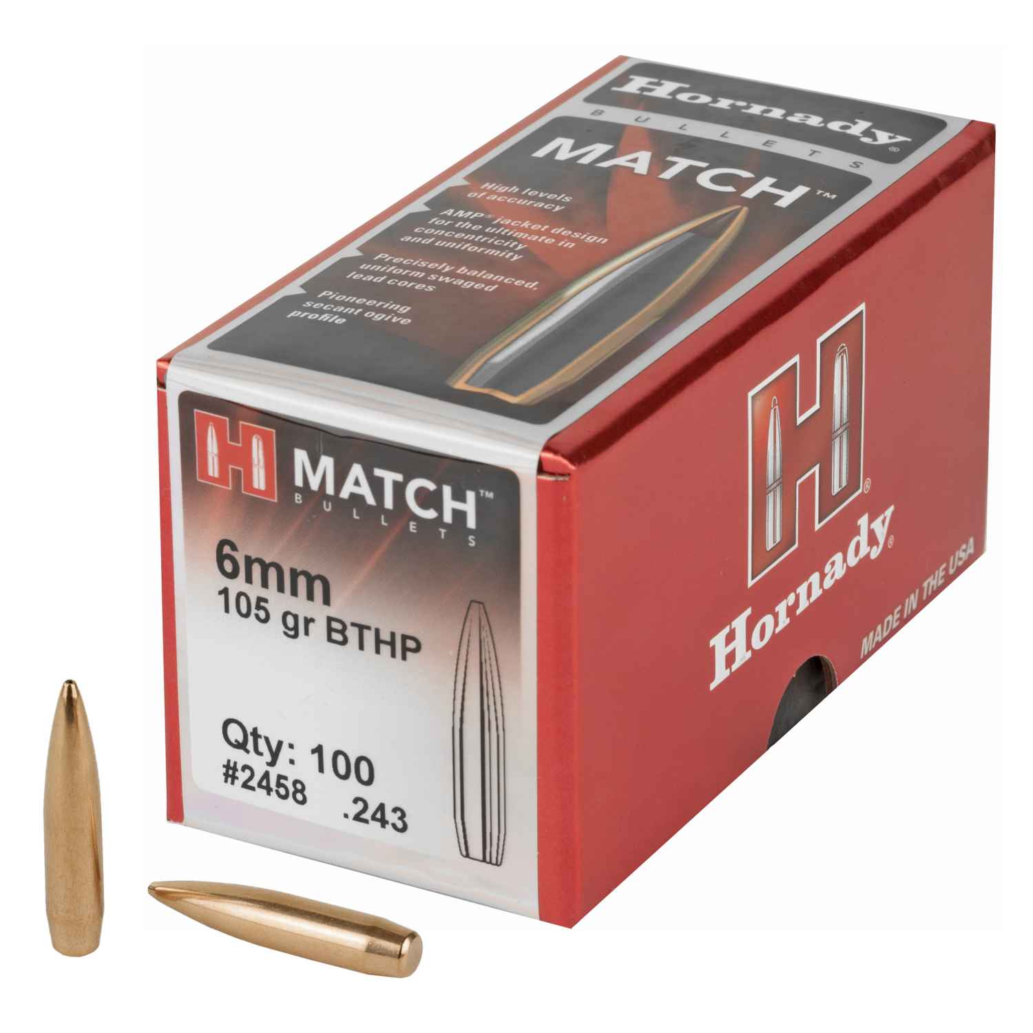 HORNADY MATCH, .243 DIAMETER, 6MM/243 WINCHESTER, 105 GRAIN, BOAT TAIL HOLLOW POINT, 100 COUNT
