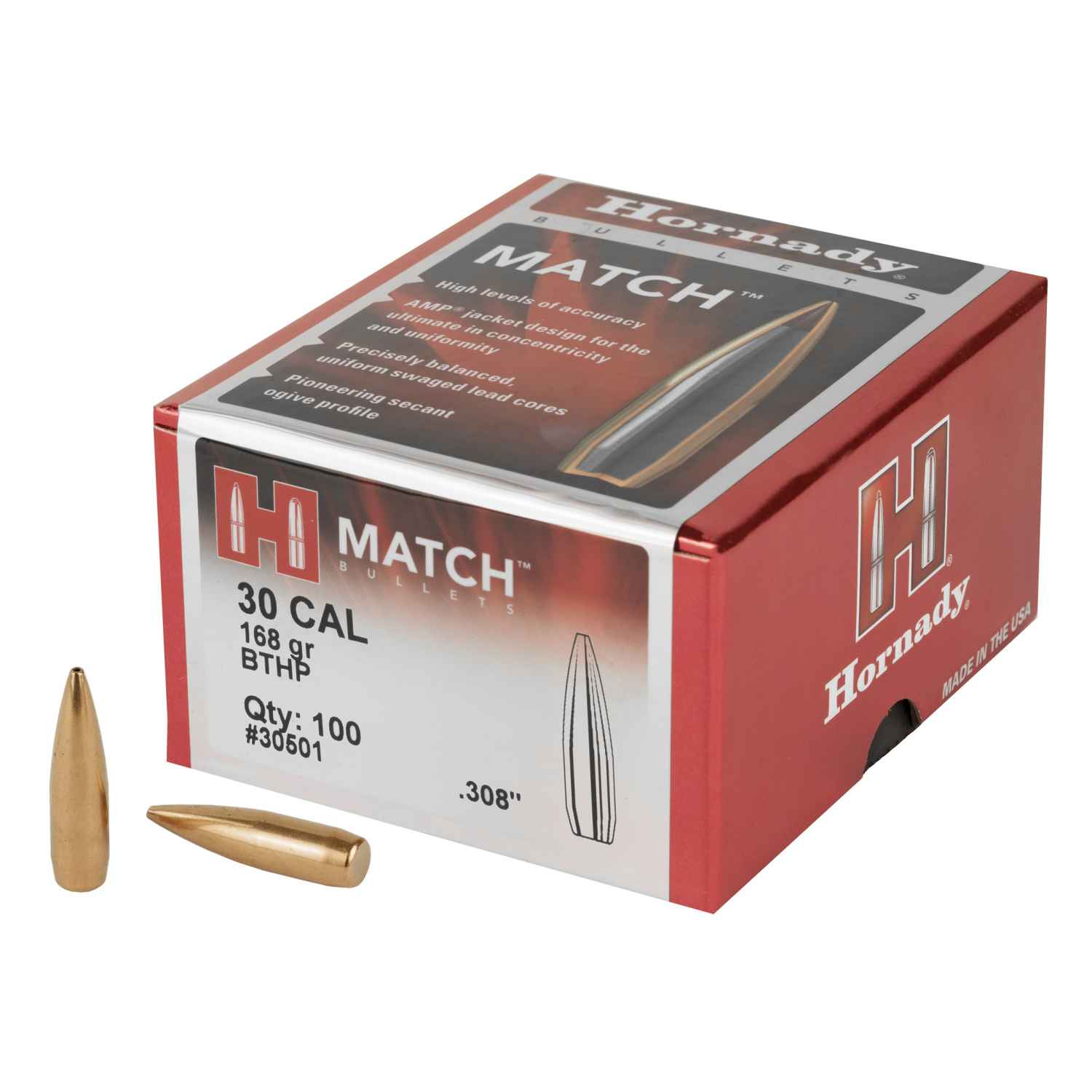 HORNADY MATCH, .308 DIAMETER, 30 CALIBER, 168 GRAIN, BOAT TAIL HOLLOW POINT, 100 COUNT