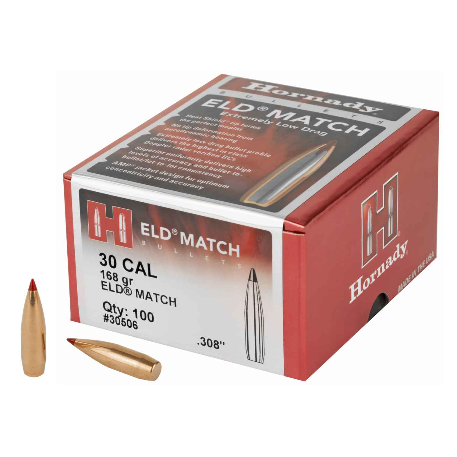 HORNADY ELD-M, .308 DIAMETER, 30 CALIBER, 168 GRAIN, BALLISTIC TIP, 100 COUNT