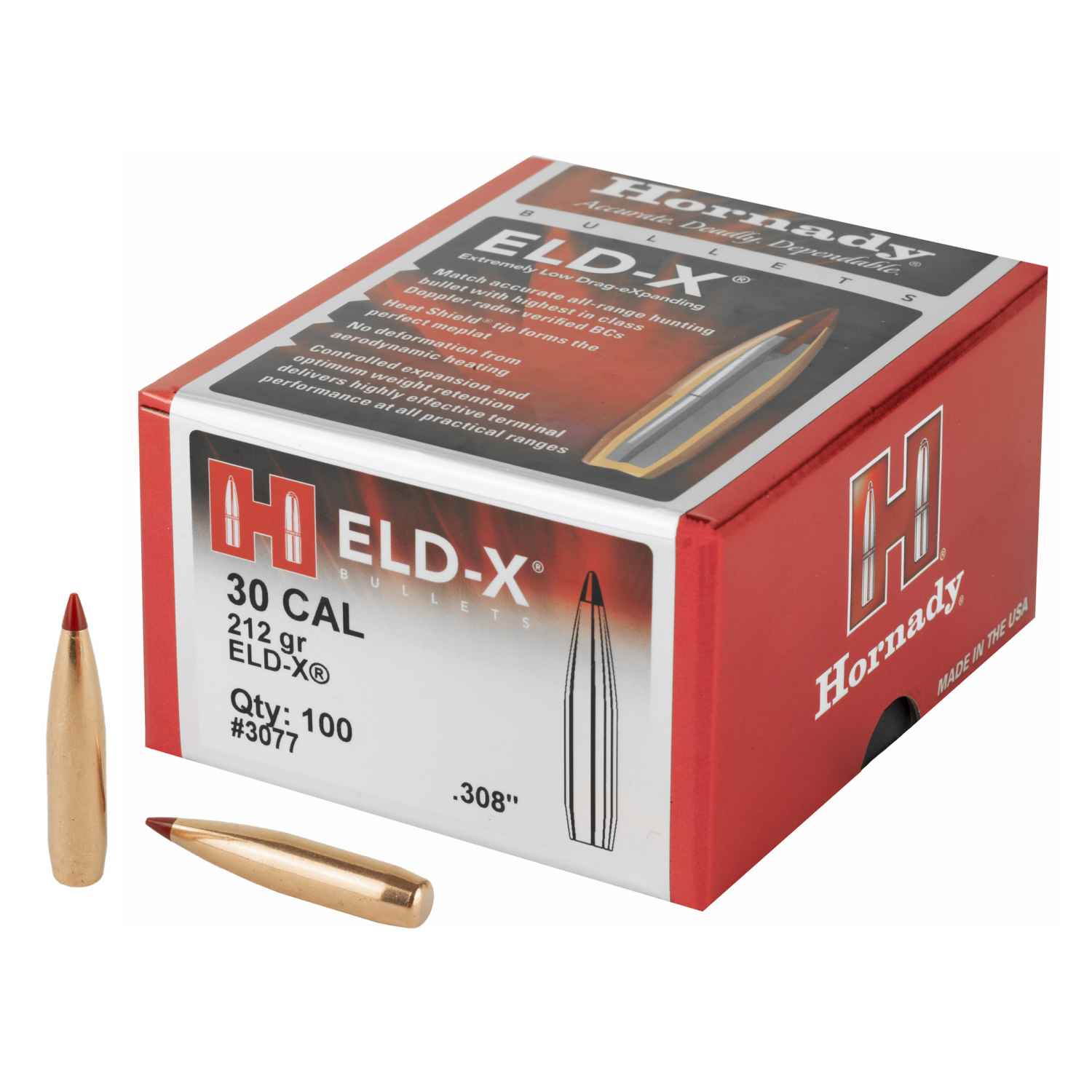 HORNADY ELD-X, .308 DIAMETER, 30 CALIBER, 212 GRAIN, BALLISTIC TIP, 100 COUNT