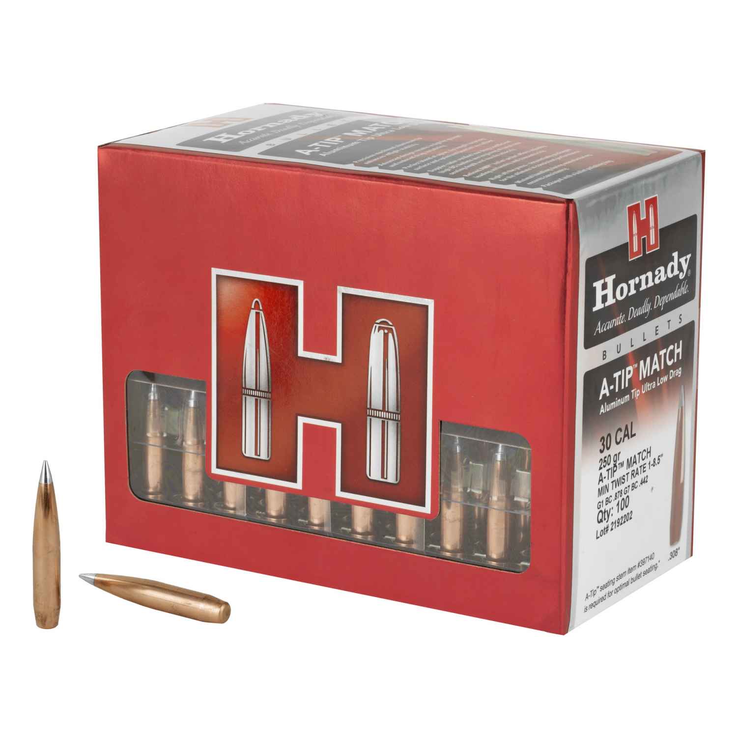 HORNADY A-TIP MATCH, .308 CALIBER, 30 CALIBER, 250 GRAIN, BALLISTIC TIP, 100 COUNT